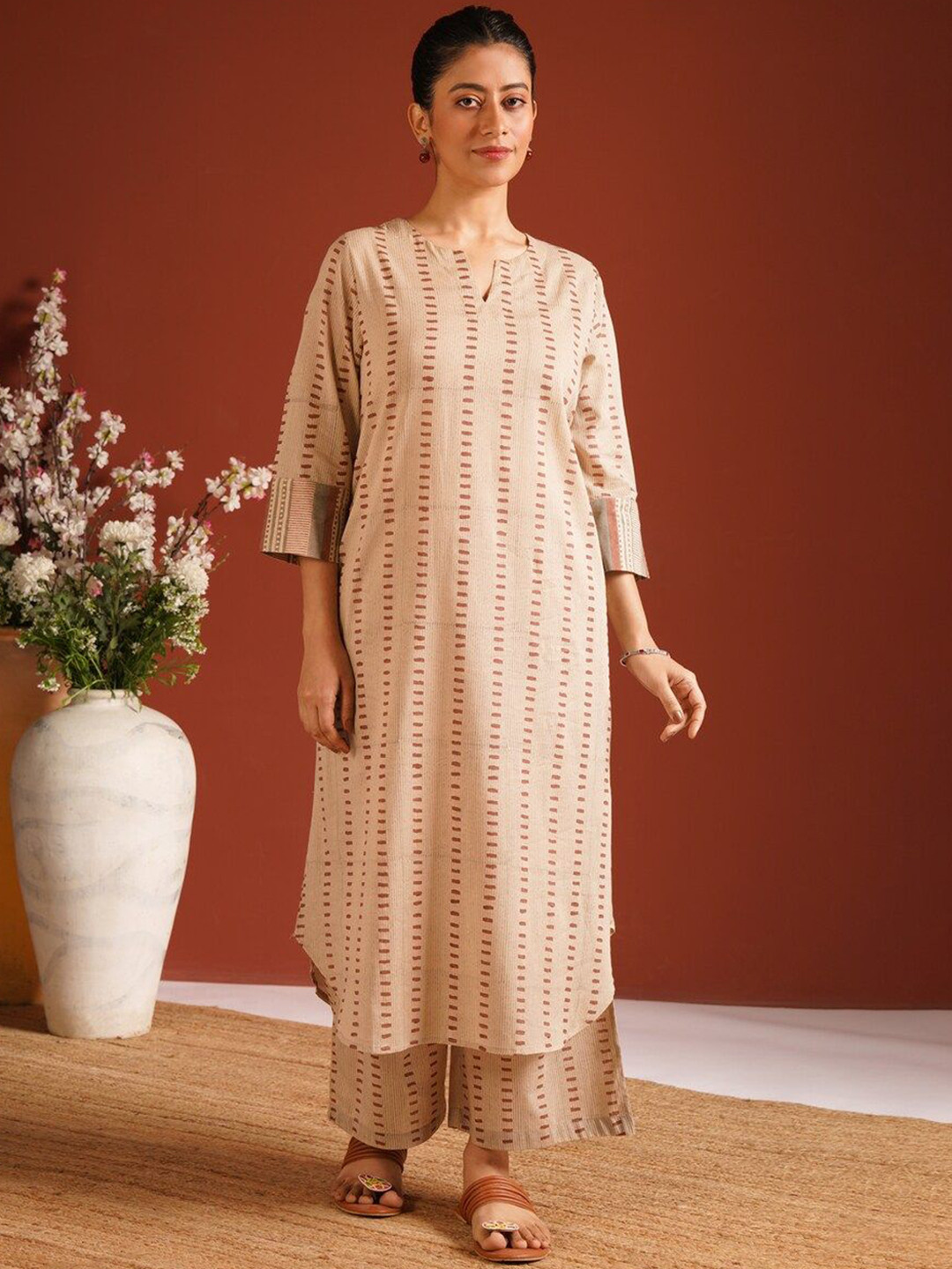 

JAYPORE Striped Pure Cotton Kurta with Palazzos, Beige