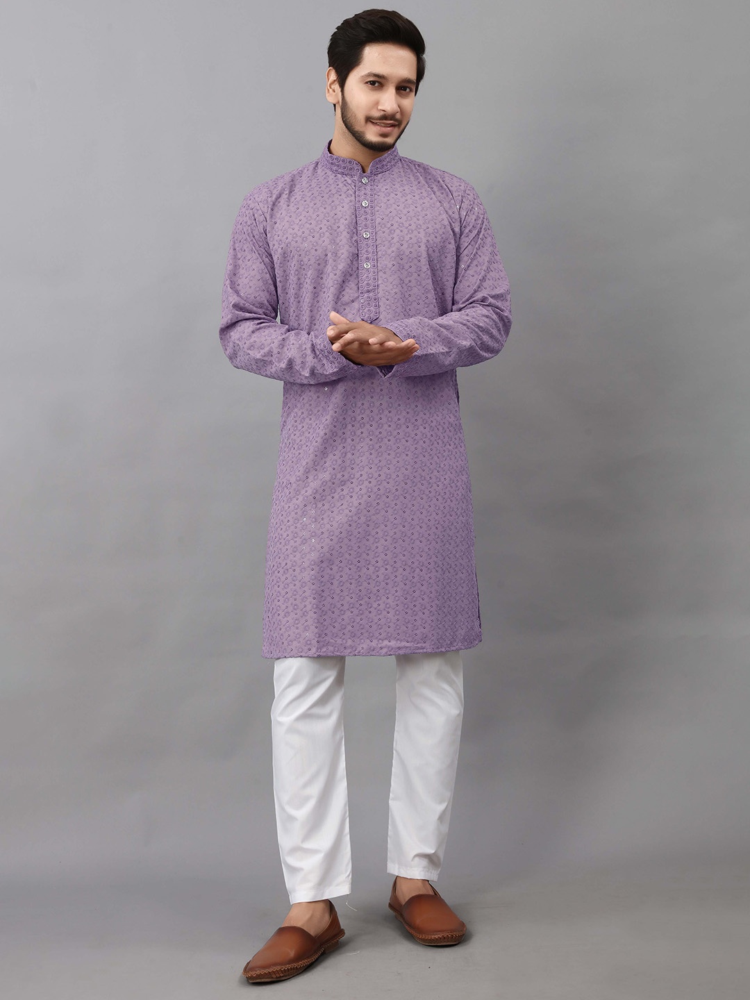 

ALMORA Ethnic Motifs Embroidered Mandarin Collar Pure Cotton Straight Kurta With Pyjamas, Lavender