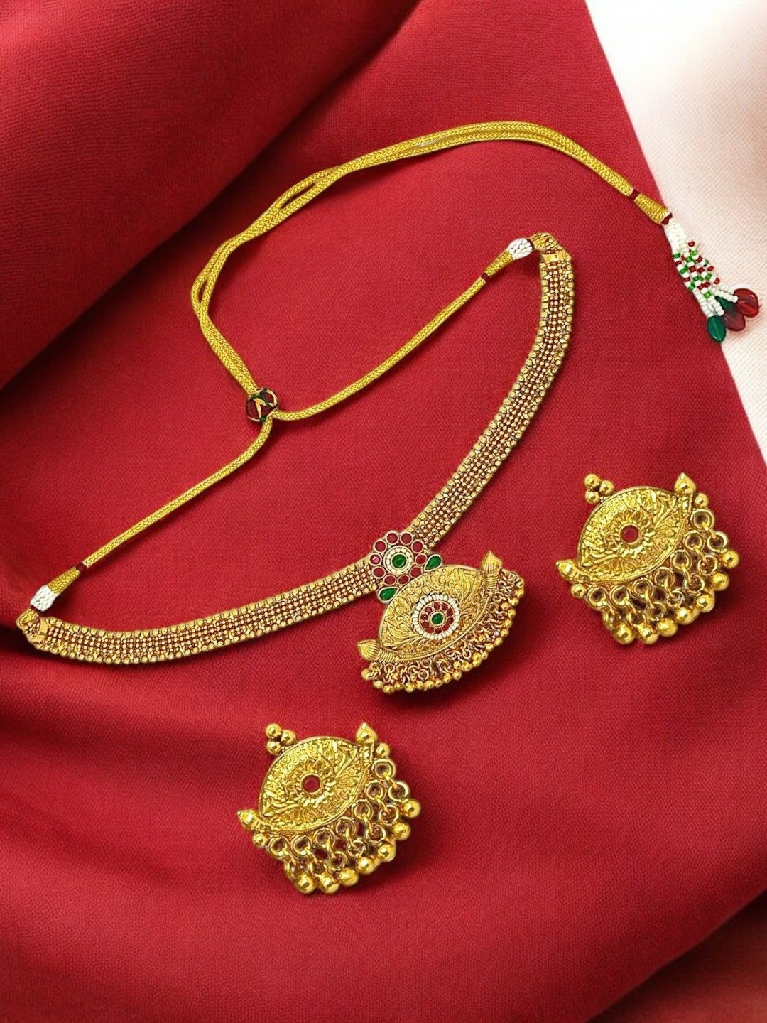 

FEMMIBELLA Gold Plated Stones Studded Temple Jewellery Set
