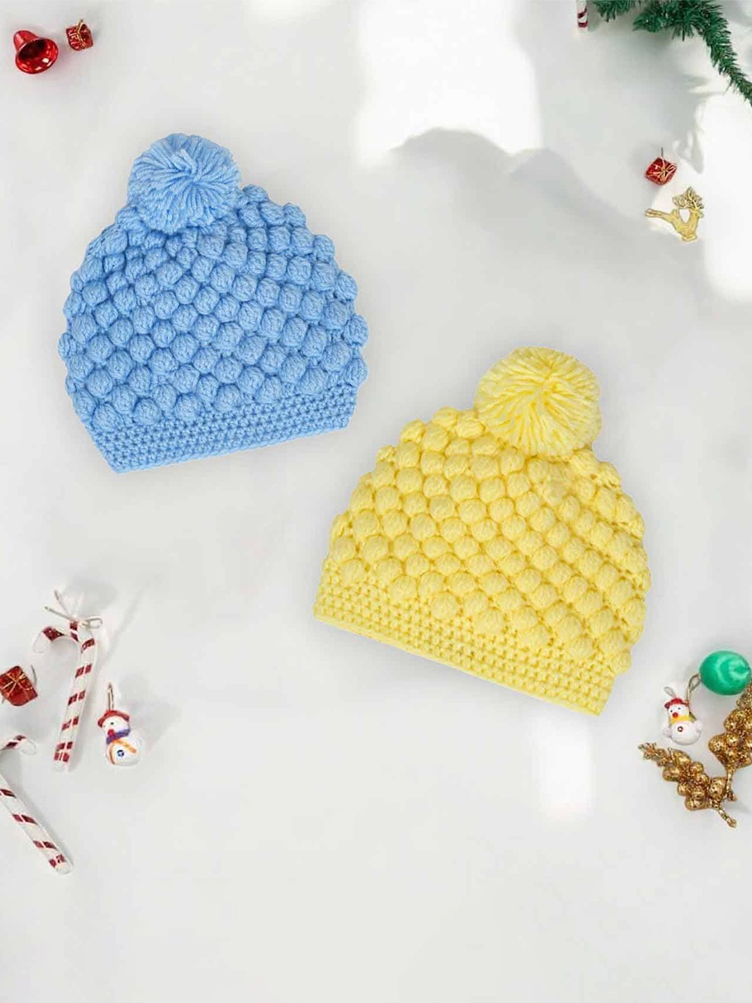 

LITTLE GINNIE Kids Pack Of 2 Sung Fit Self Design Woollen Beanie Caps, Blue