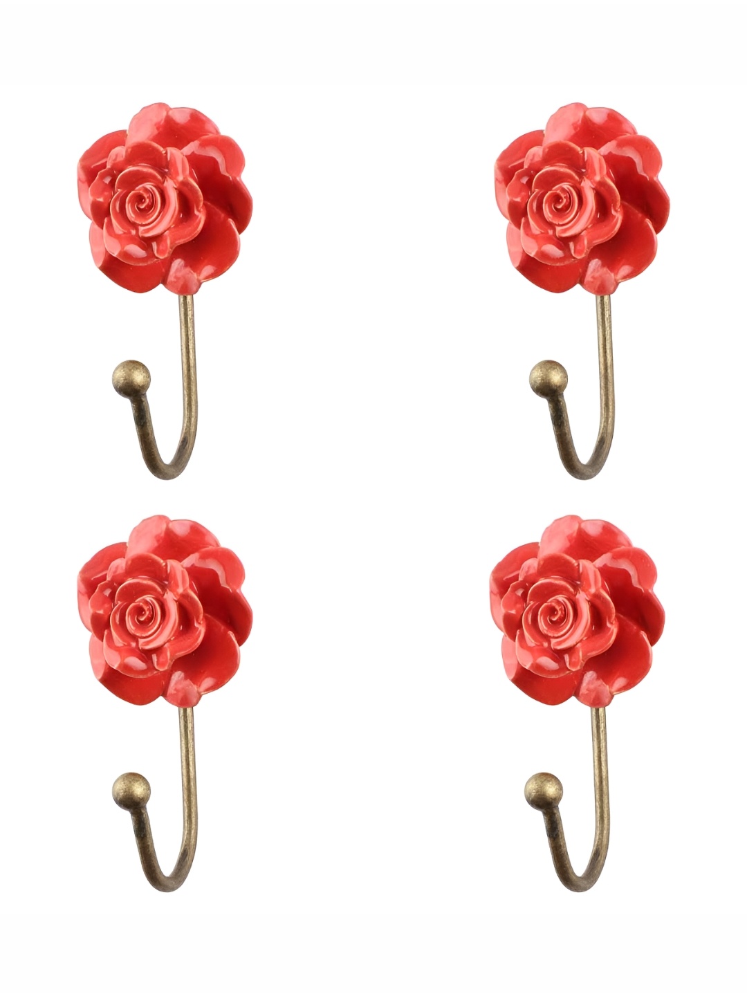 

IndianShelf Red 4 Piece Ceramic Flower Cloth Hangers Hooks For Kitchen