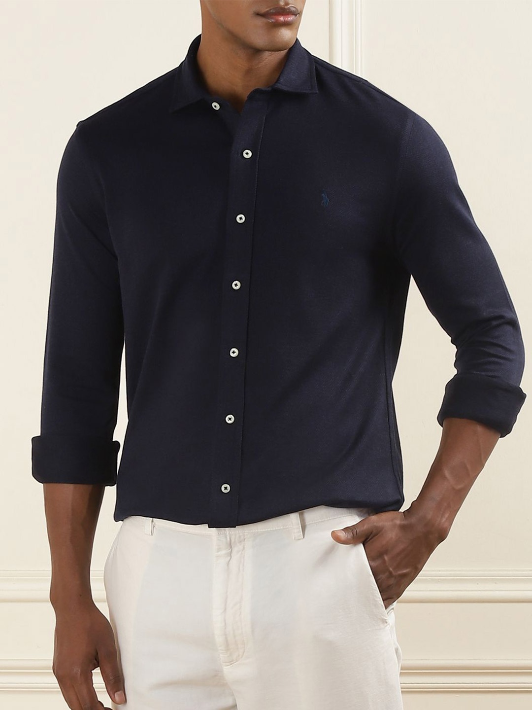 

Polo Ralph Lauren Men Solid Spread Collar Cotton Shirt, Navy blue