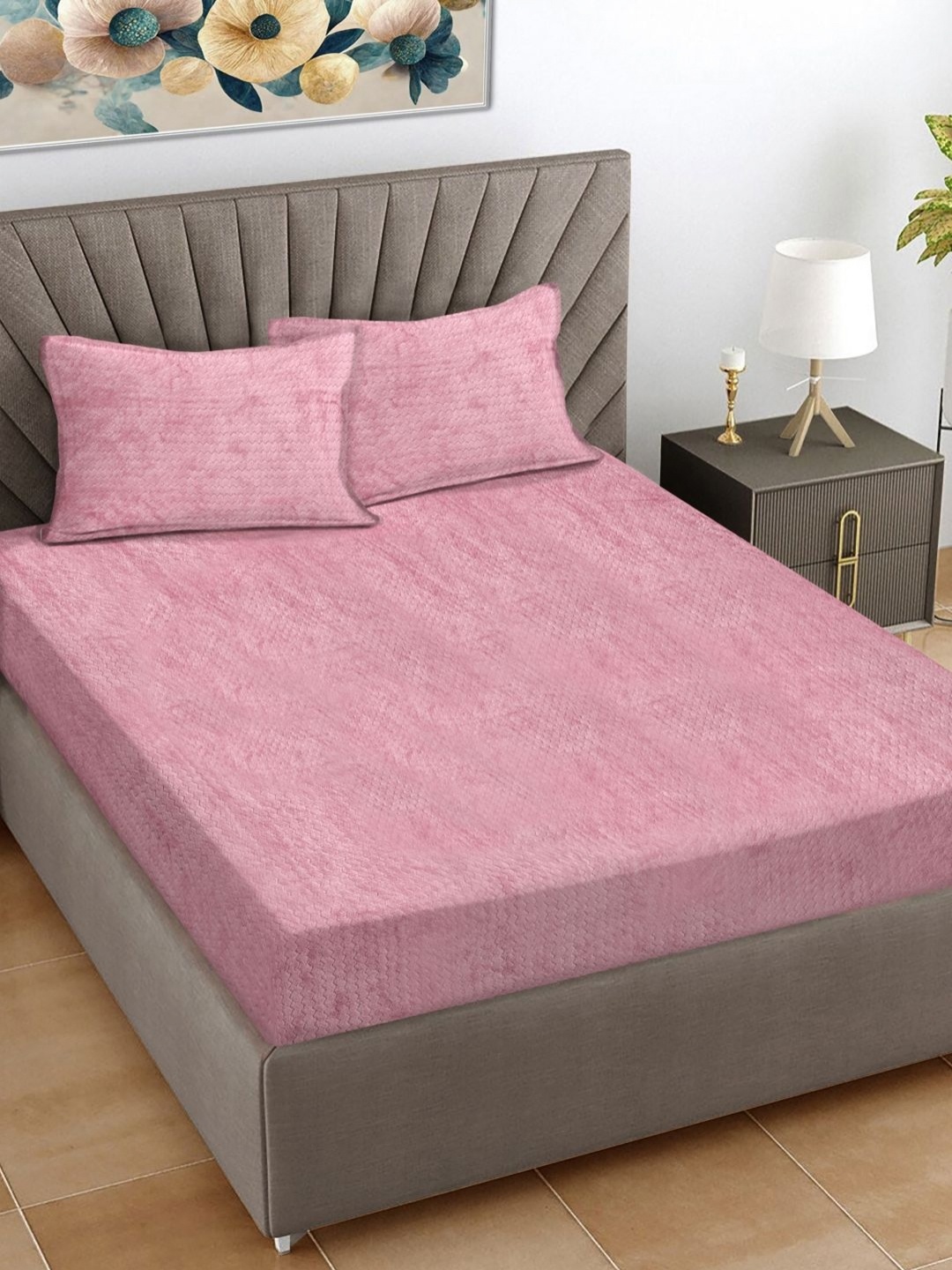 

FABINALIV Pink Geometric 300 TC Wool King Bedsheet with 2 Pillow Covers- 2.5 m X 2.2 m