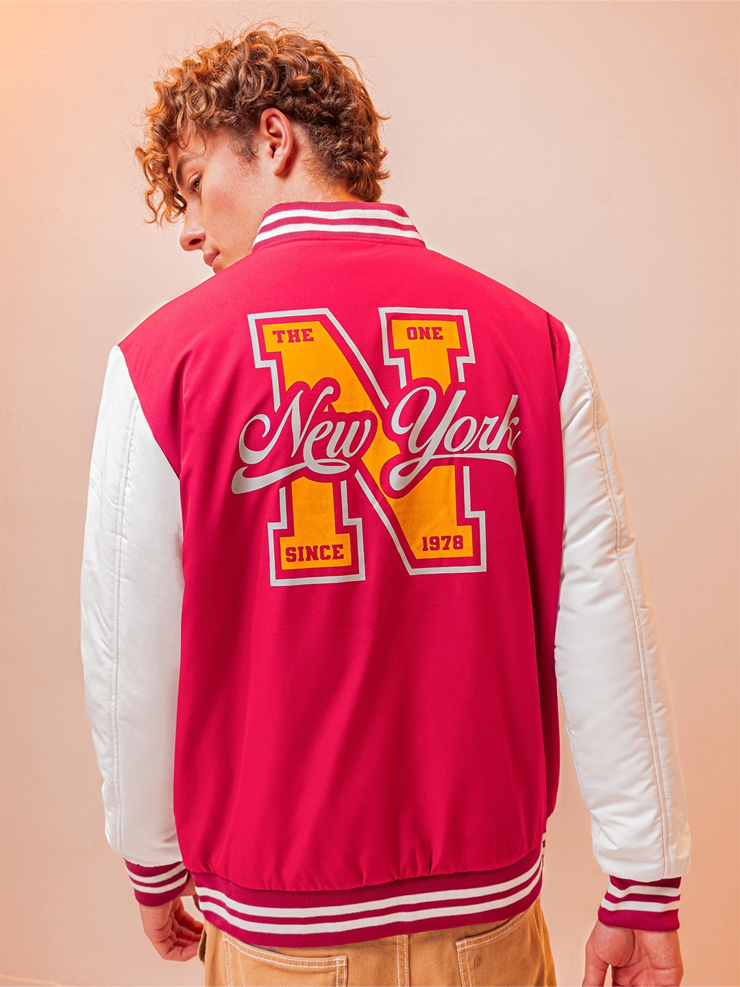 

Beyoung Men Cotton Varsity Jacket with Embroidered, Burgundy