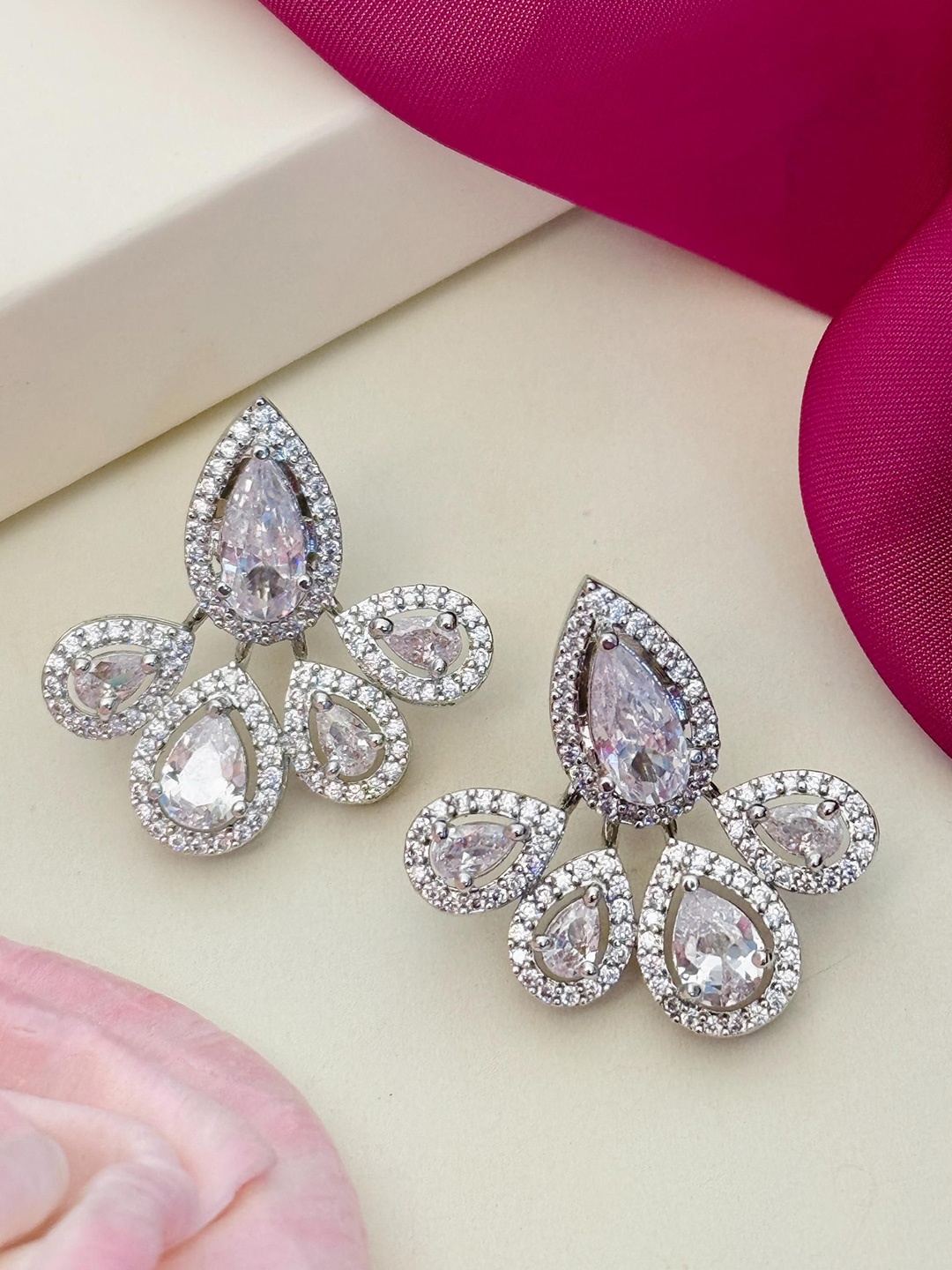 

ABDESIGNS Silver Plated American Diamond Studded Classic Studs Earrings