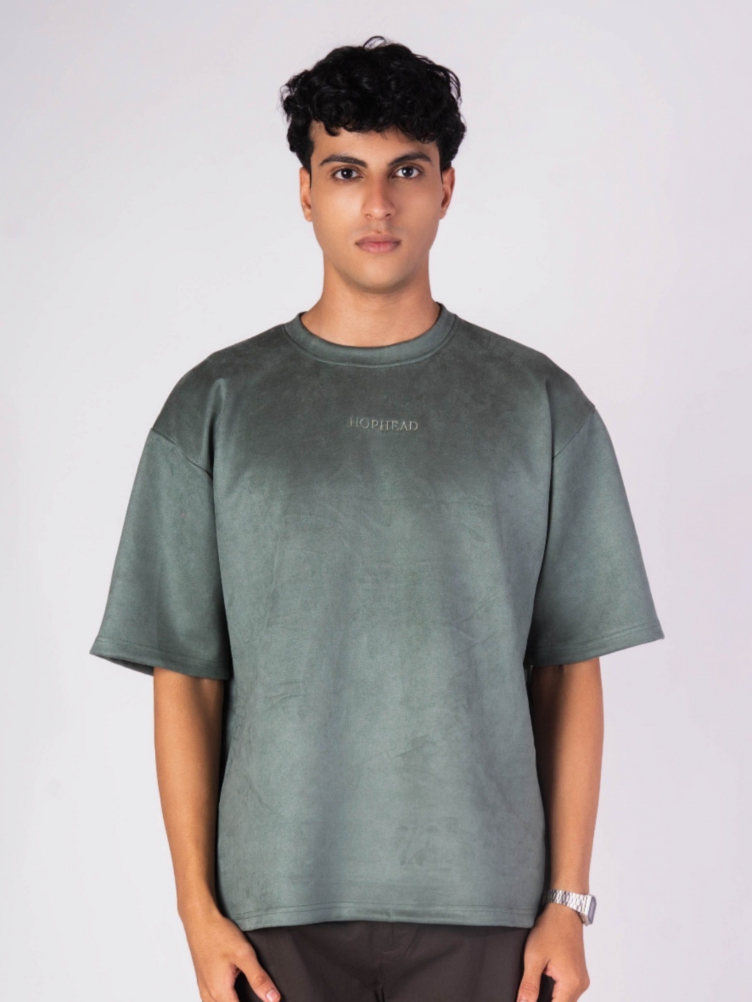 

HOP HEAD Men Embroidered Suede T-shirt, Green