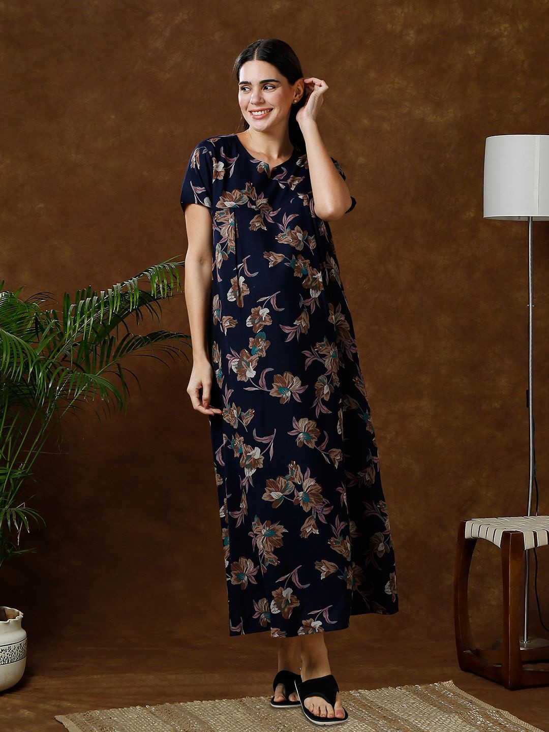 

MomToBe Women Printed Maternity Maxi Nightdress, Navy blue
