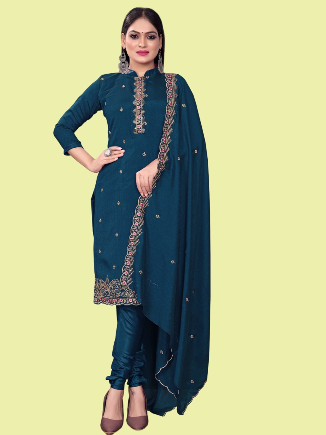 

LADY SHOPI Floral Embroidered Sequinned Pure Silk Unstitched Dress Material, Blue