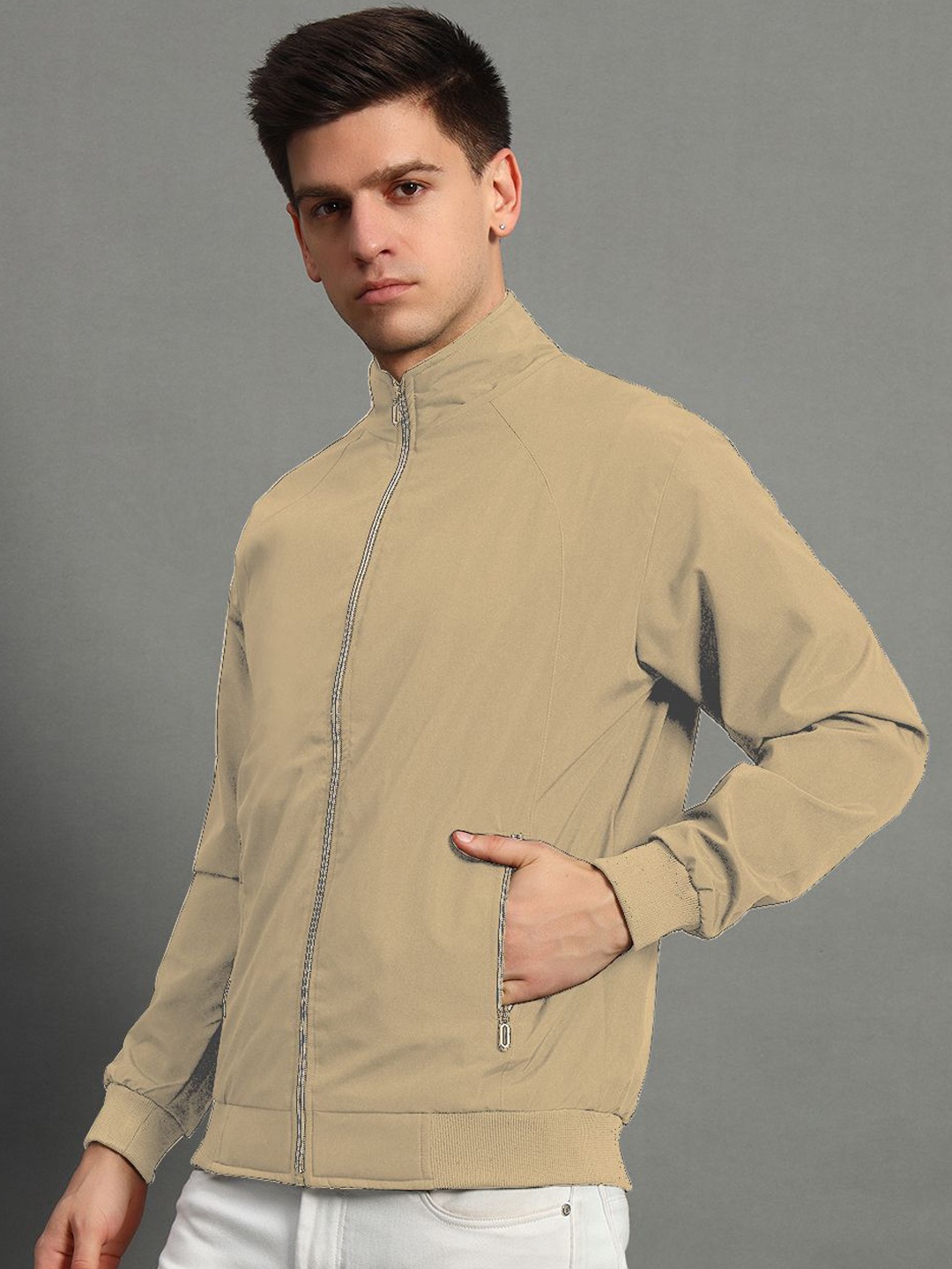 

GET GOLF Men Polyester Bomber Jacket, Beige