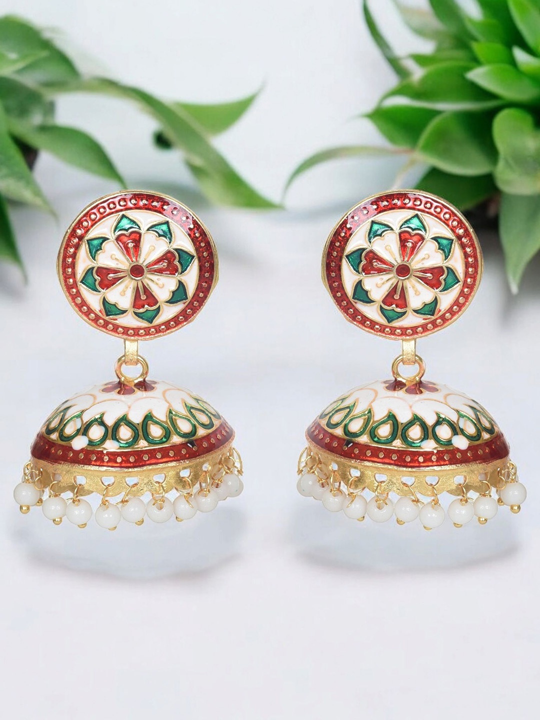 

Nilu's Collection Brass Plated Meenakari Dome Shape Jhumkas, Gold