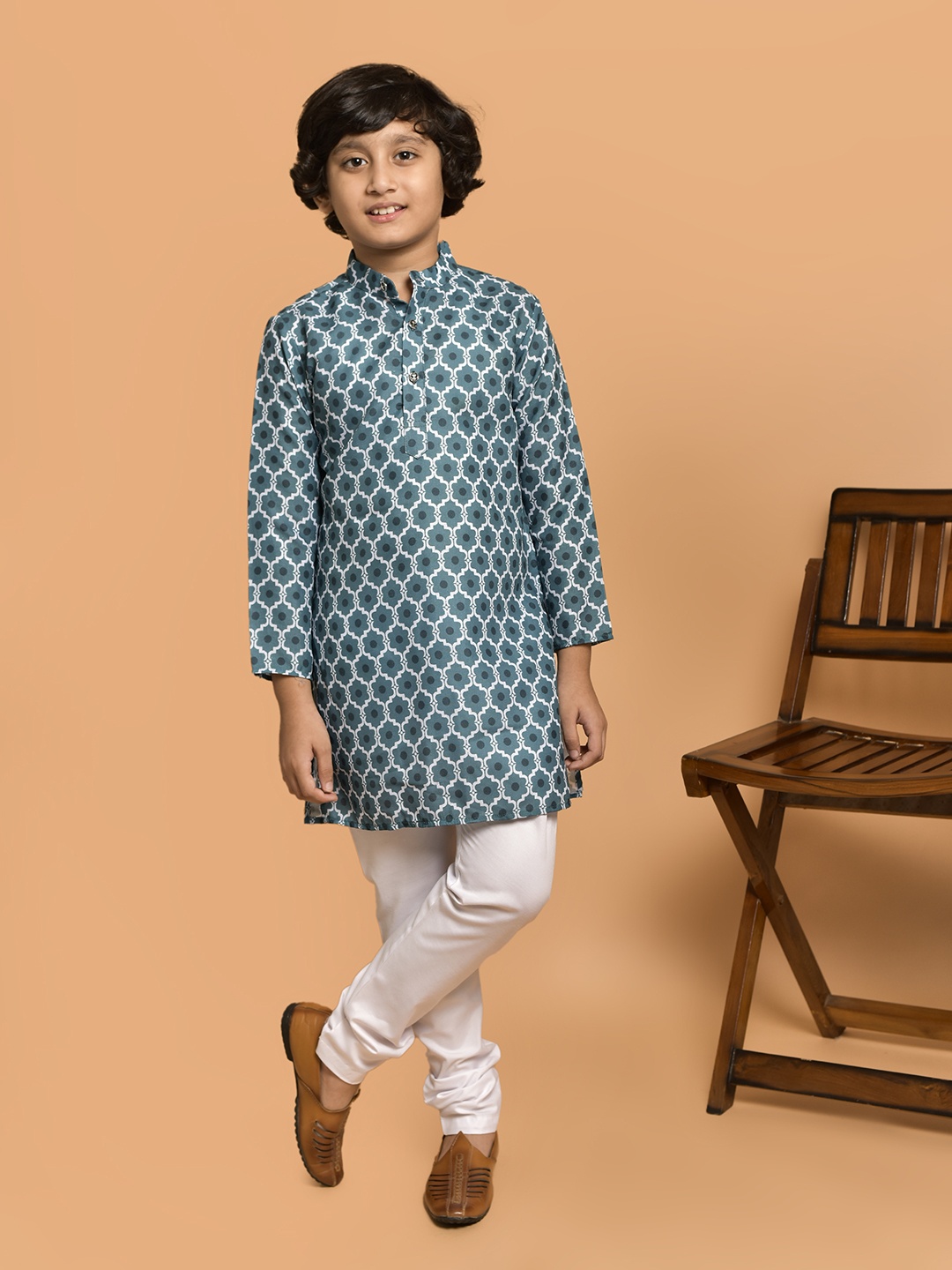 

PRINTINDIA Boys Band Collar Geometric Printed Kurta with Trouser, Blue