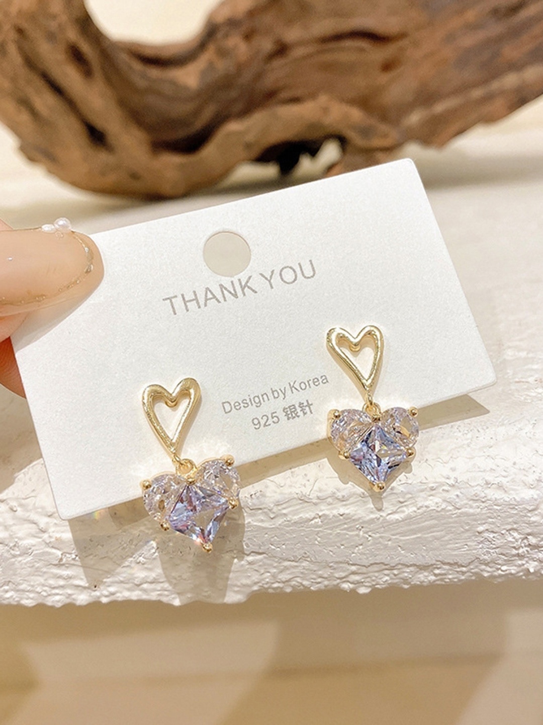 

DESTINY JEWELS Gold-Plated Cubic Zirconia Studded Geometric Heart Shaped Drop Earrings