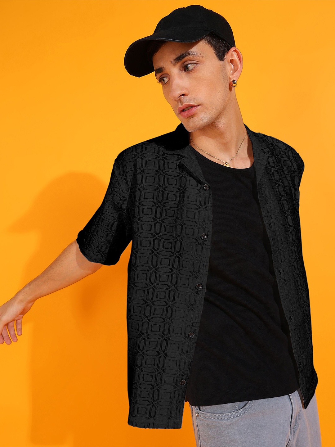 

INDICLUB Men Cuban Collar Geometric Printed Slim Fit Casual Shirt, Black
