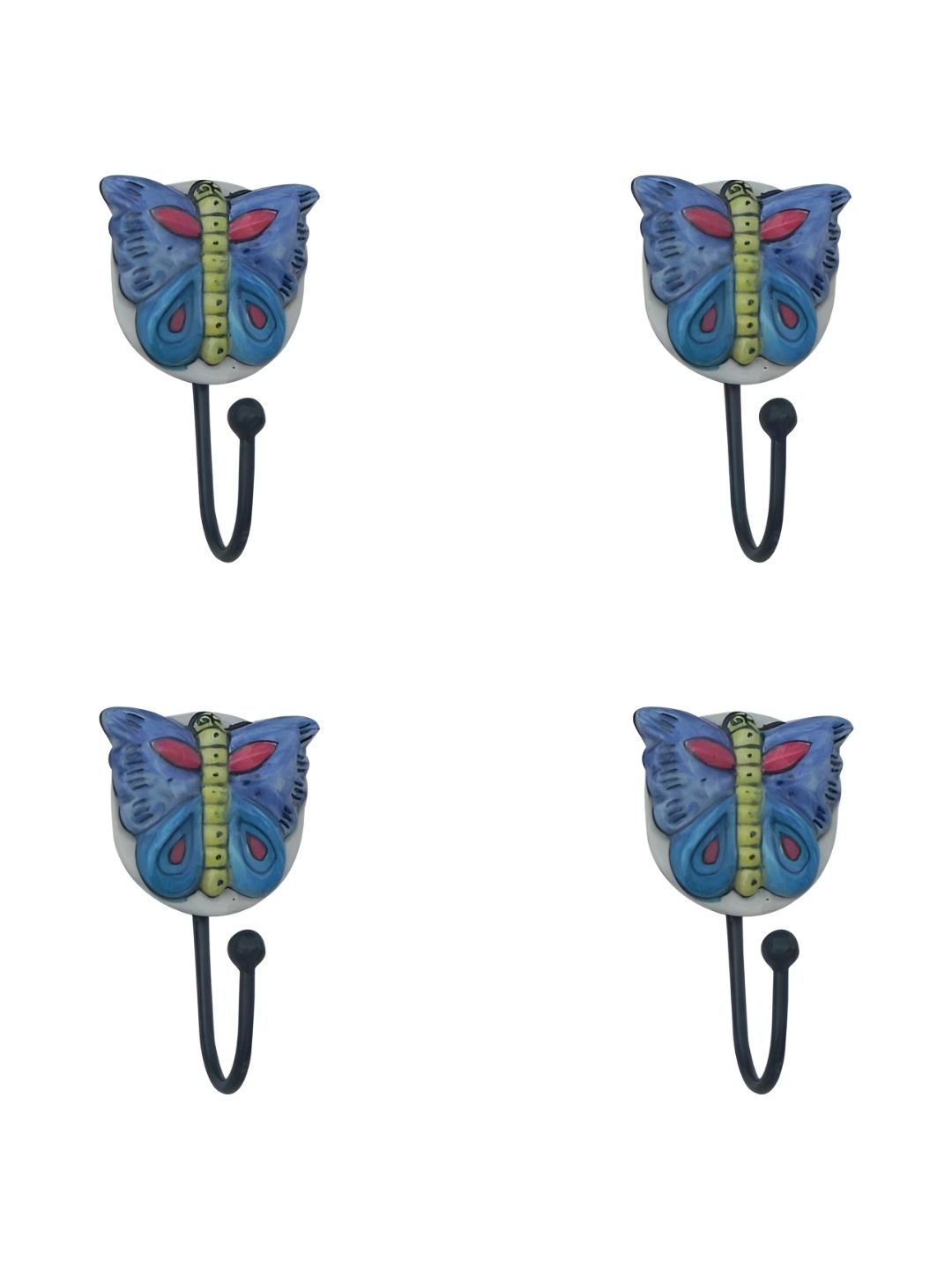 

IndianShelf Blue & Yellow 4 Piece Ceramic Butterfly Door Hangers Key Hooks