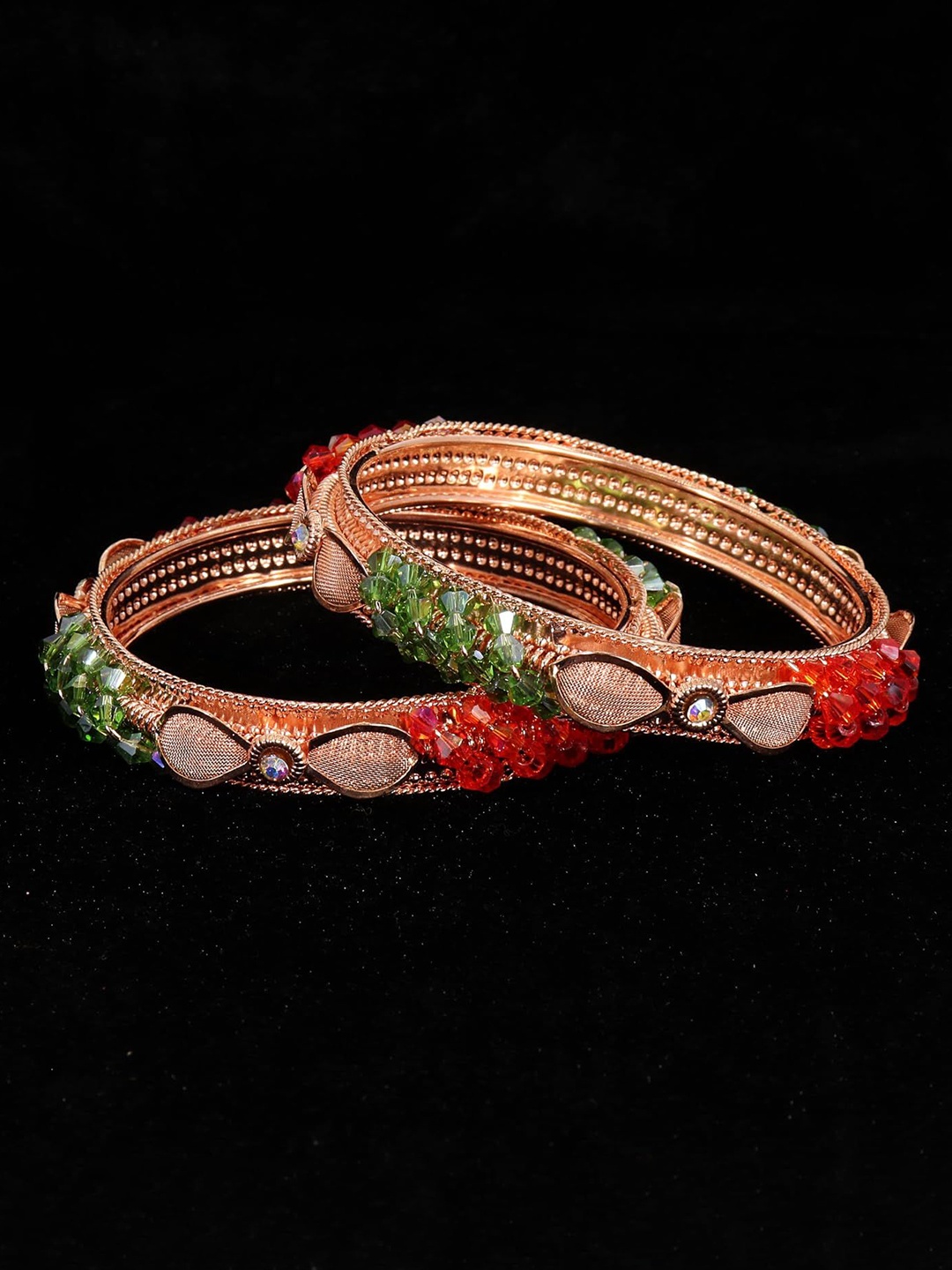 

Set of 2 Rose-Gold Plated Metal with Pearls & Zircon Stone Bangles Kada, Multi