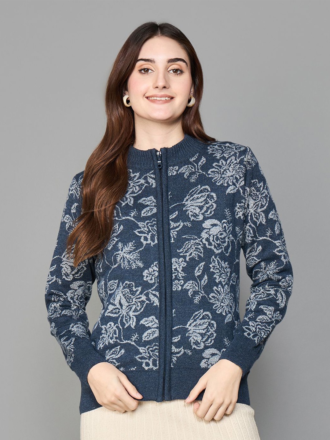 

Colour Me by Melange Women Floral Printed Front-Open Sweatshirt, Blue