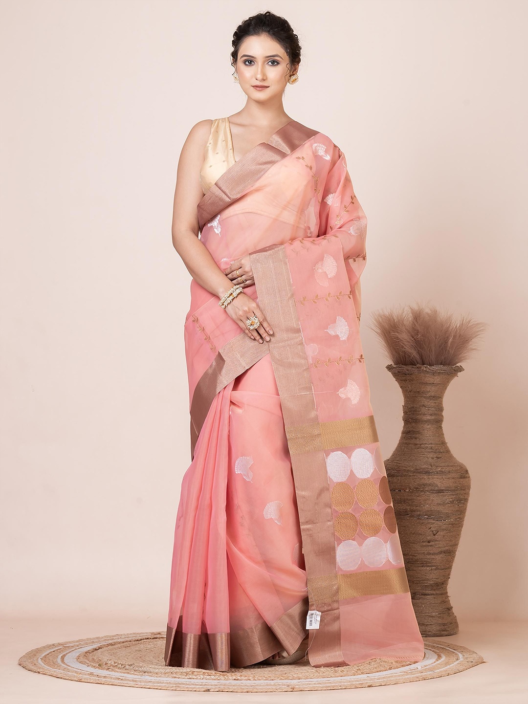 

VIBHAVARI Woven Design Zari Organza Saree, Peach