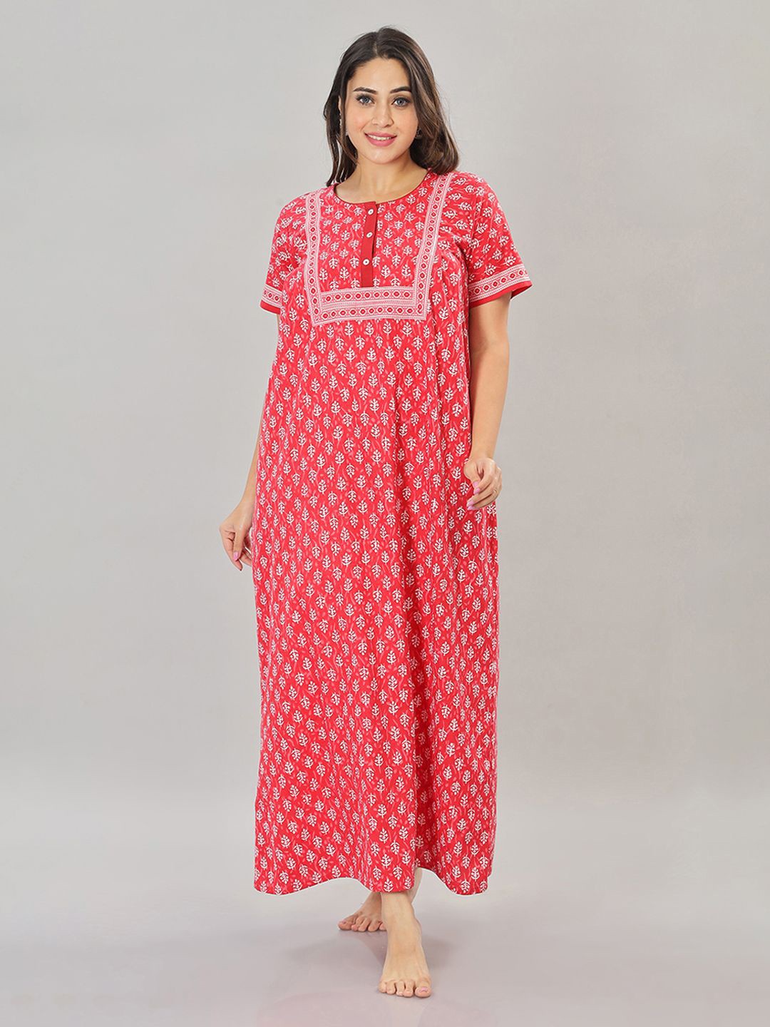 

NAIDU HALL Women Ethnic Printed Pure Cotton Maxi Nightdress, Red