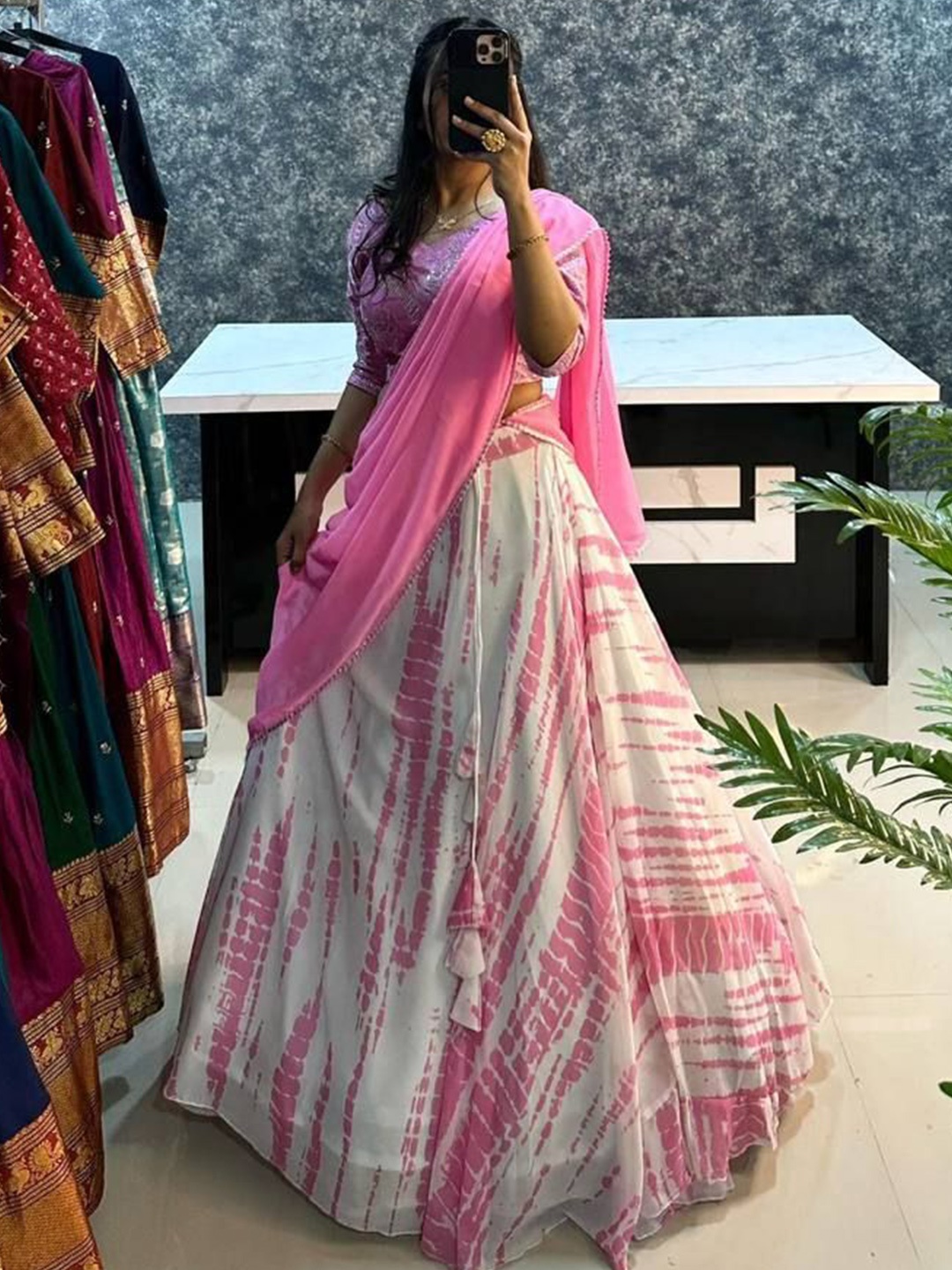 

Rujave Embellished Georgette Lehenga & Ready Wear Blouse with Dupatta, Pink