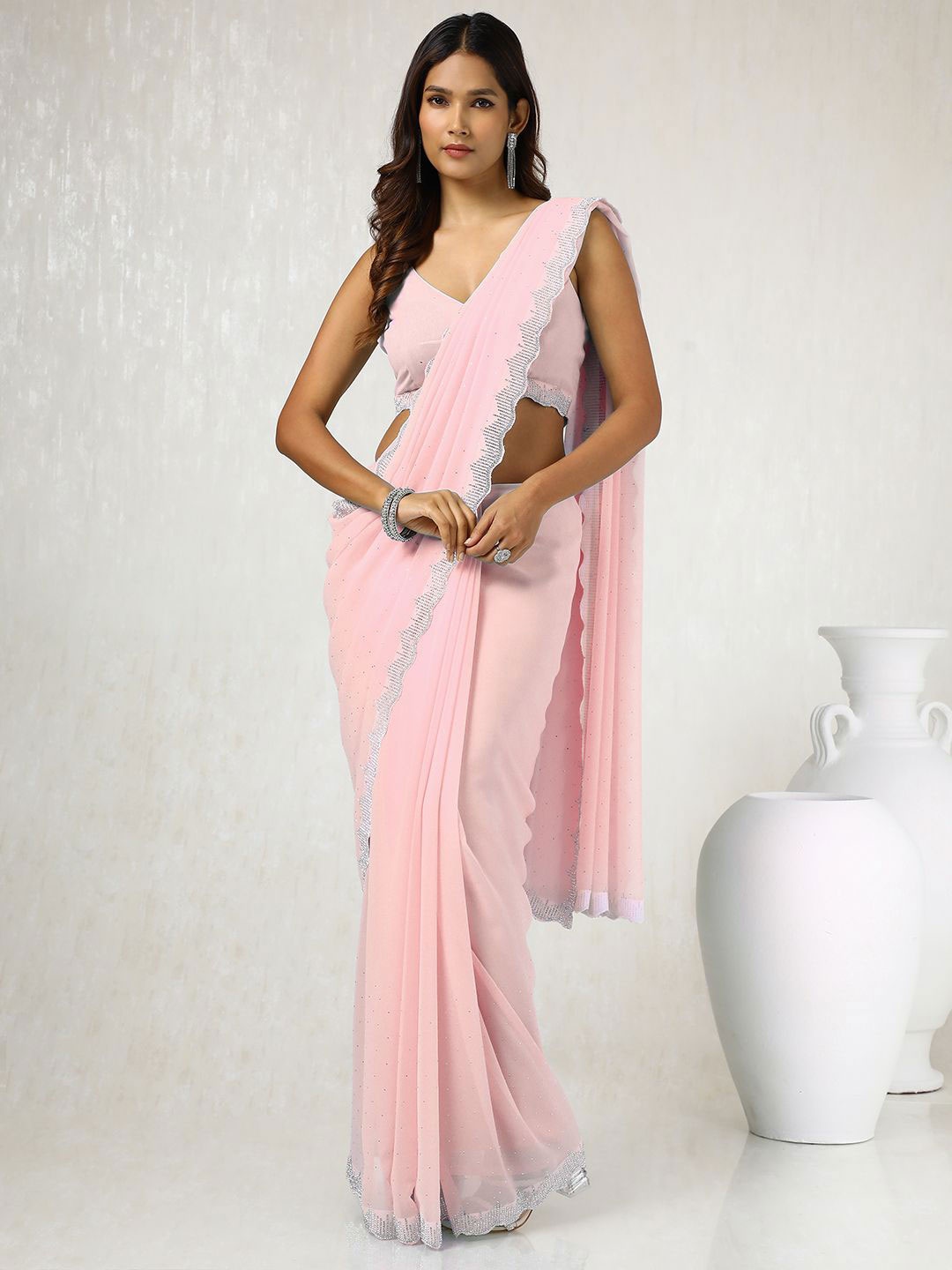 

Soch Women Embellished Beads and Stones Pure Georgette Saree, Pink