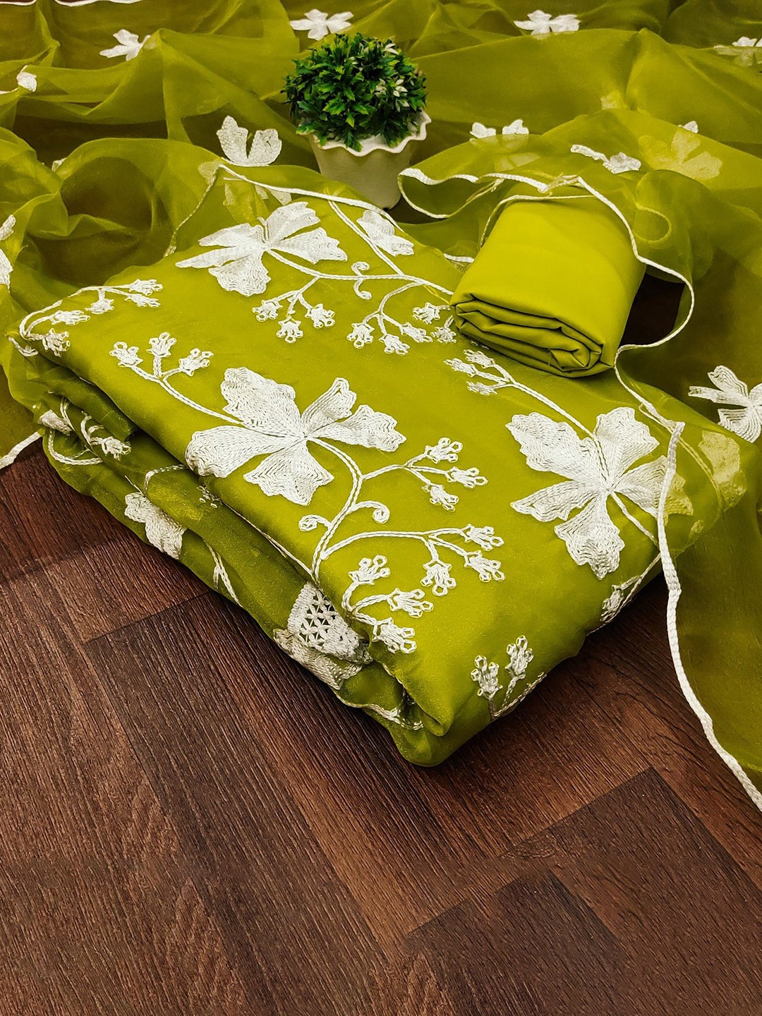 

JULEE Floral Embroidered Organza Unstitched Dress Material, Olive