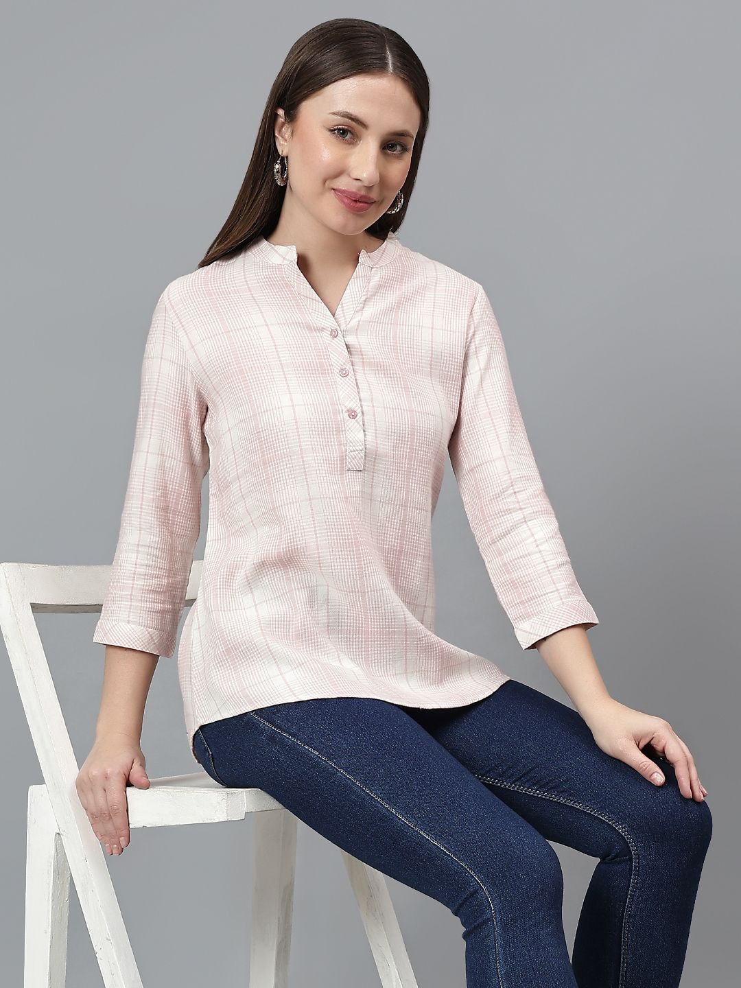

Cantabil Women Cotton Checked Roll-Up Sleeves Shirt Style Top, Pink