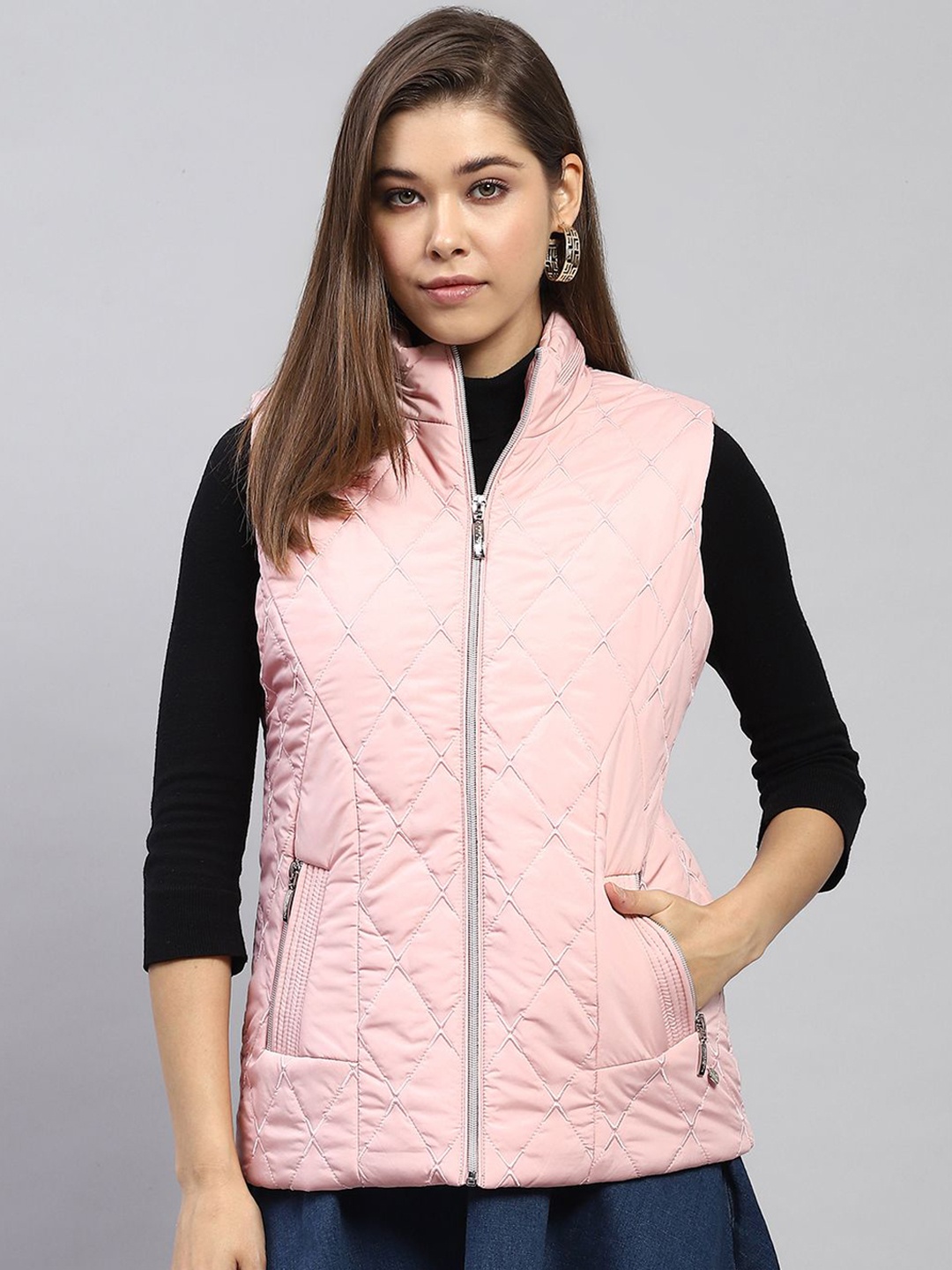 

Monte Carlo Women Mock Collar Solid Casual Quilted Jacket, Pink