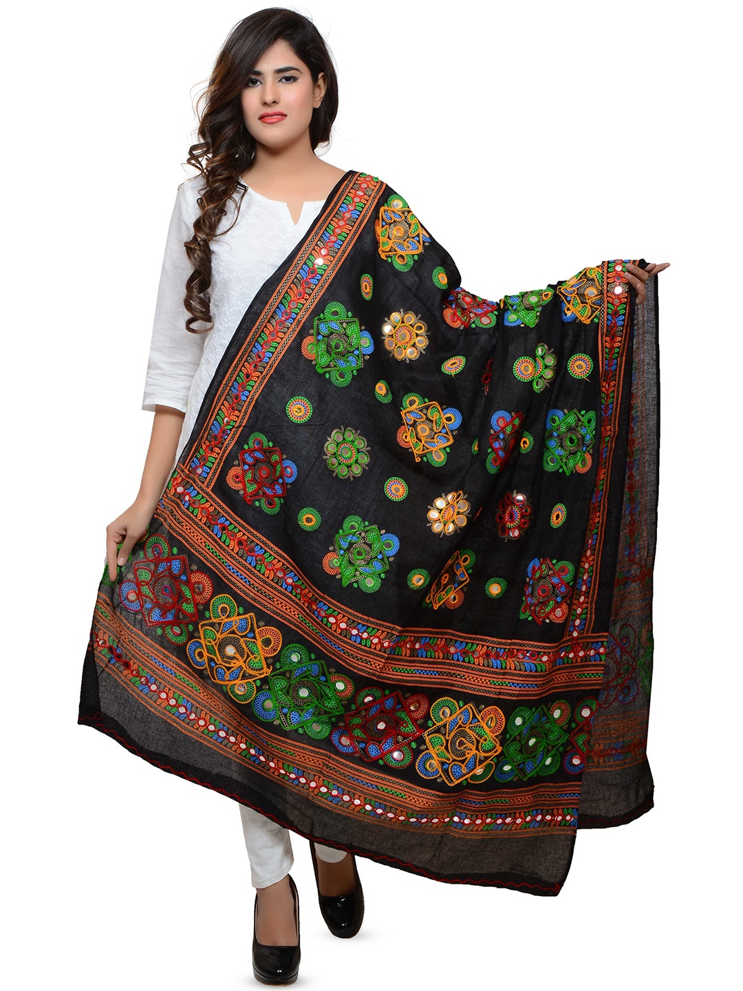 

BANJARA INDIA Embroidered Dupatta with Thread Work, Black