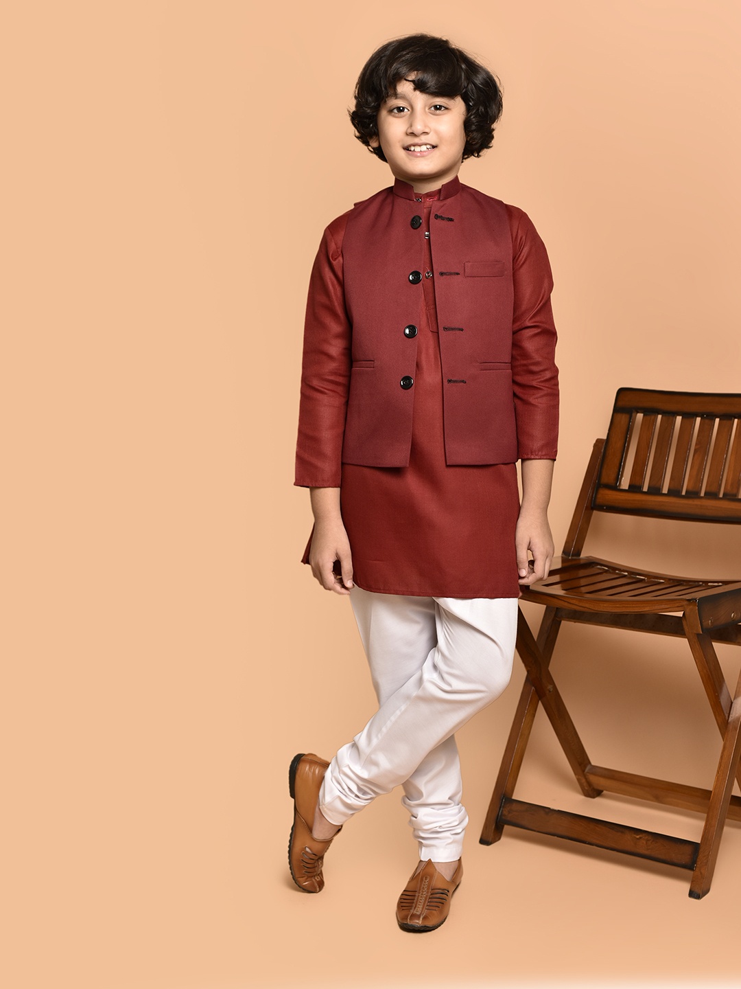 

PRINTINDIA Boys Band Collar Three-Quarter Sleeves Regular Kurta & Churidar & Nehru Jacket, Red
