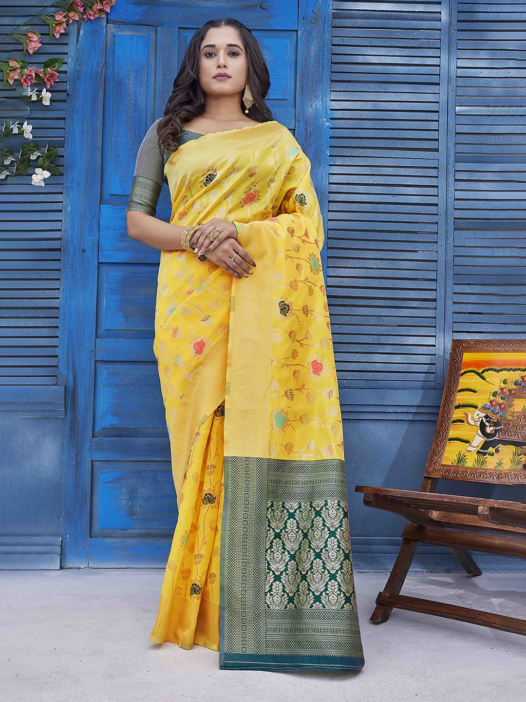 

KSM PRINTS Floral Woven Design Zari Saree, Yellow