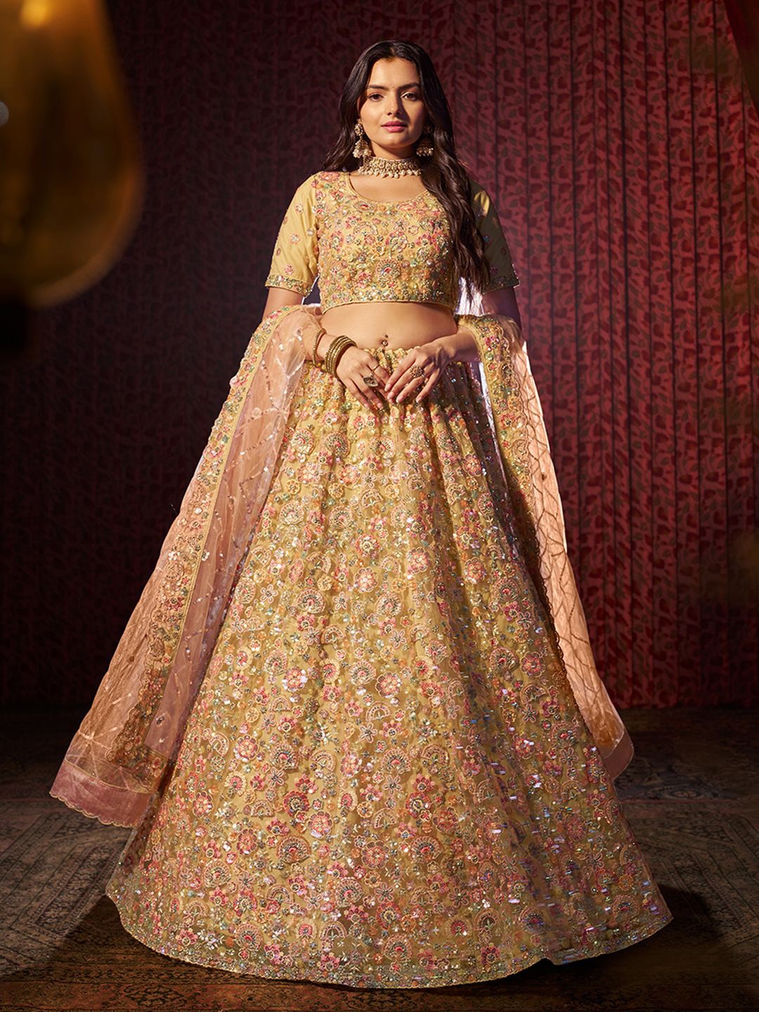 

Fusionic Embroidered Sequinned Semi-Stitched Lehenga & Unstitched Blouse With Dupatta, Beige