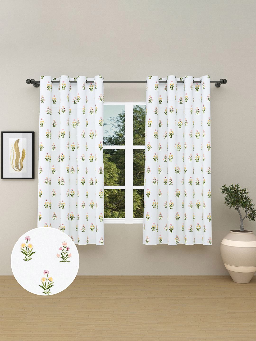 

haus & kinder White & Green 2 Pieces Floral Room Darkening Window Curtain