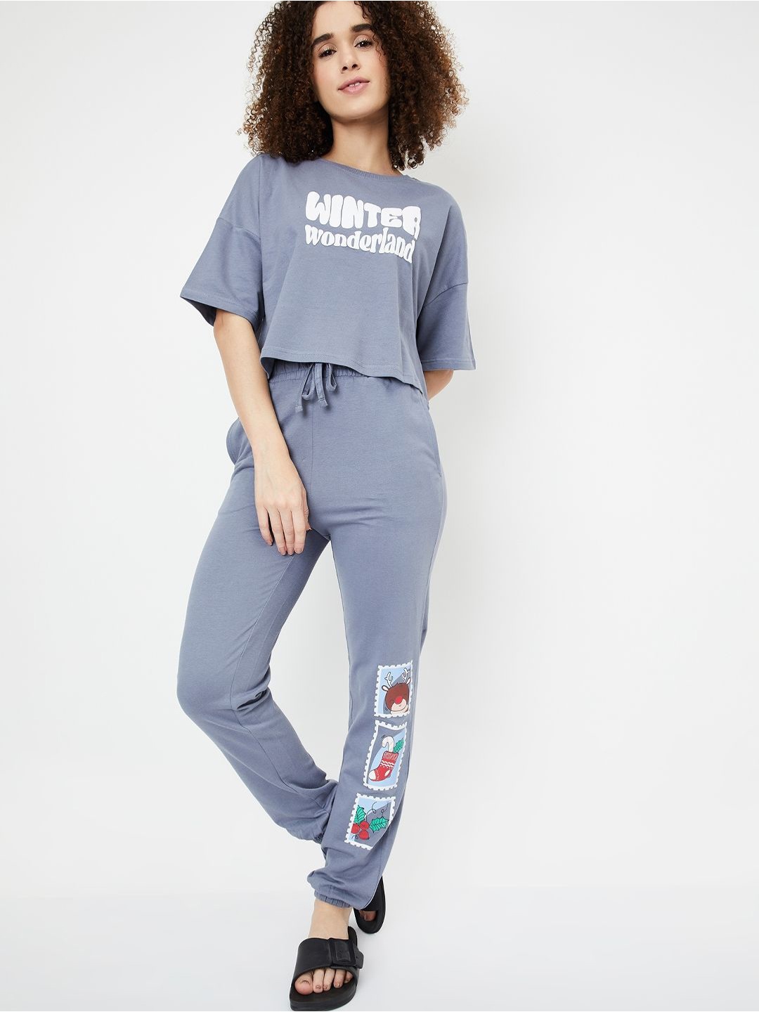 

max Women Pure Cotton Typography Printed Night suit, Grey