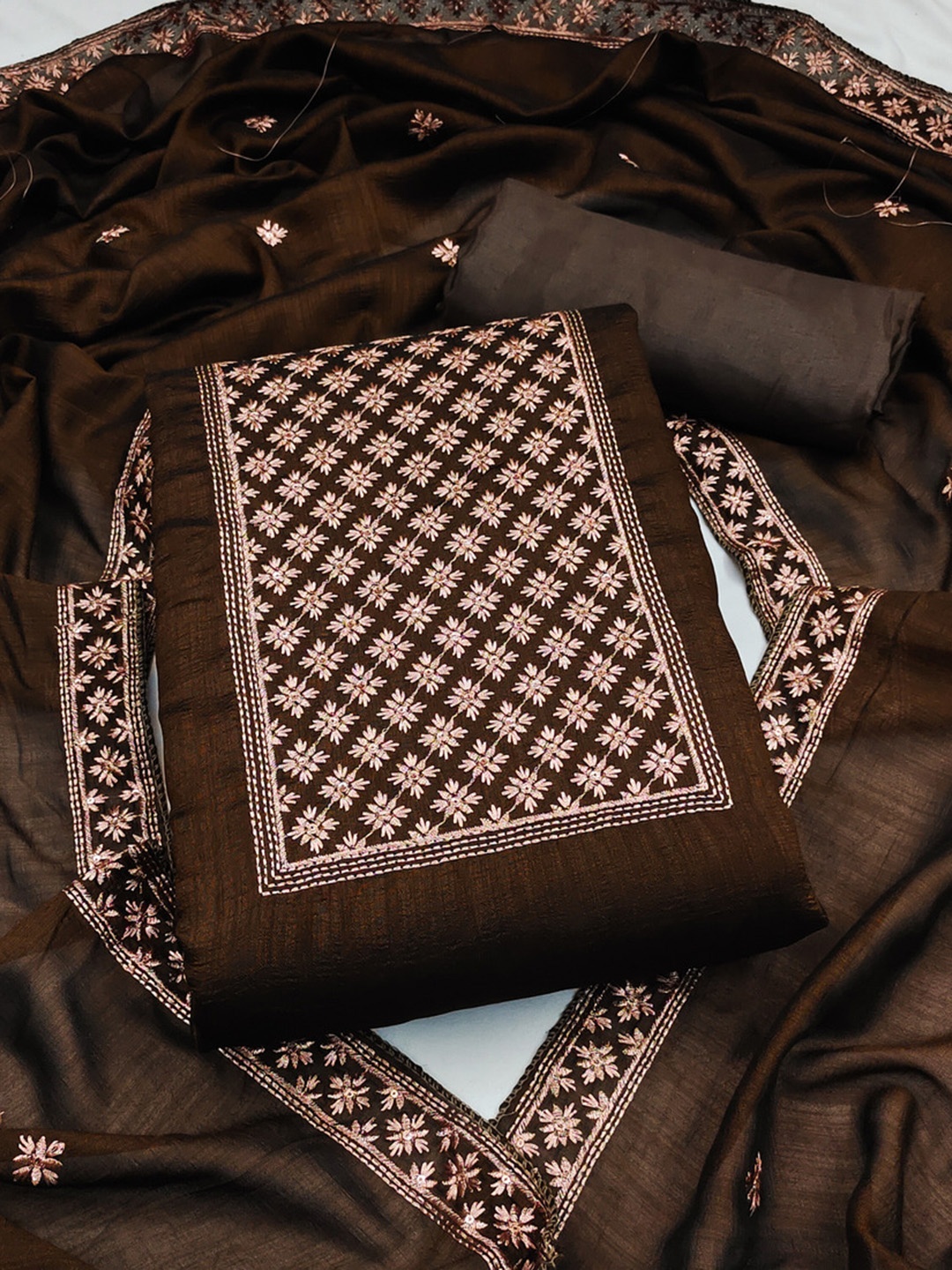

Aika Ethnic Motifs Embroidered Pure Silk Unstitched Dress Material, Brown