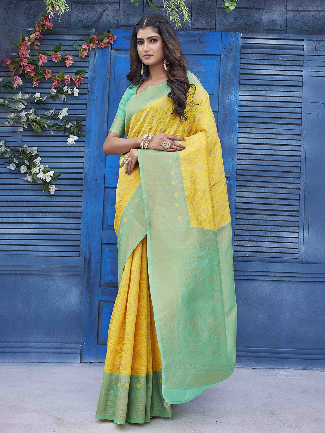 

KSM PRINTS Ethnic Motifs Woven Design Zari Saree, Yellow