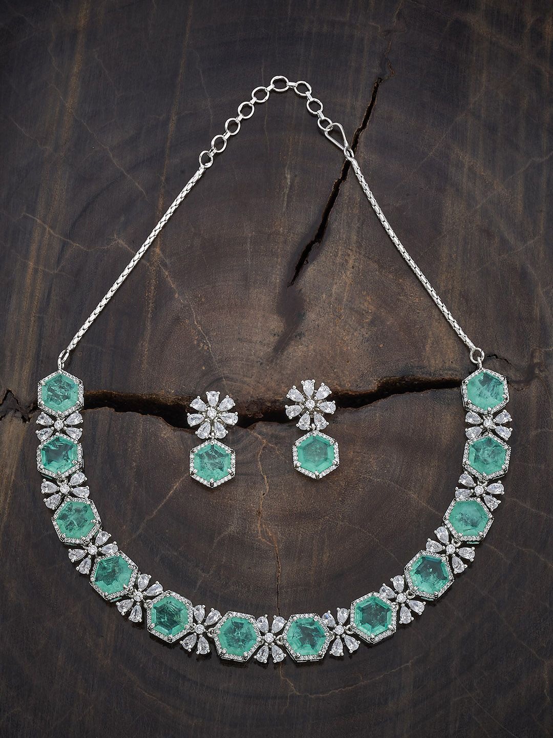 

Kushal's Fashion Jewellery Rhodium-Plated CZ-Studded Jewellery Set, Silver
