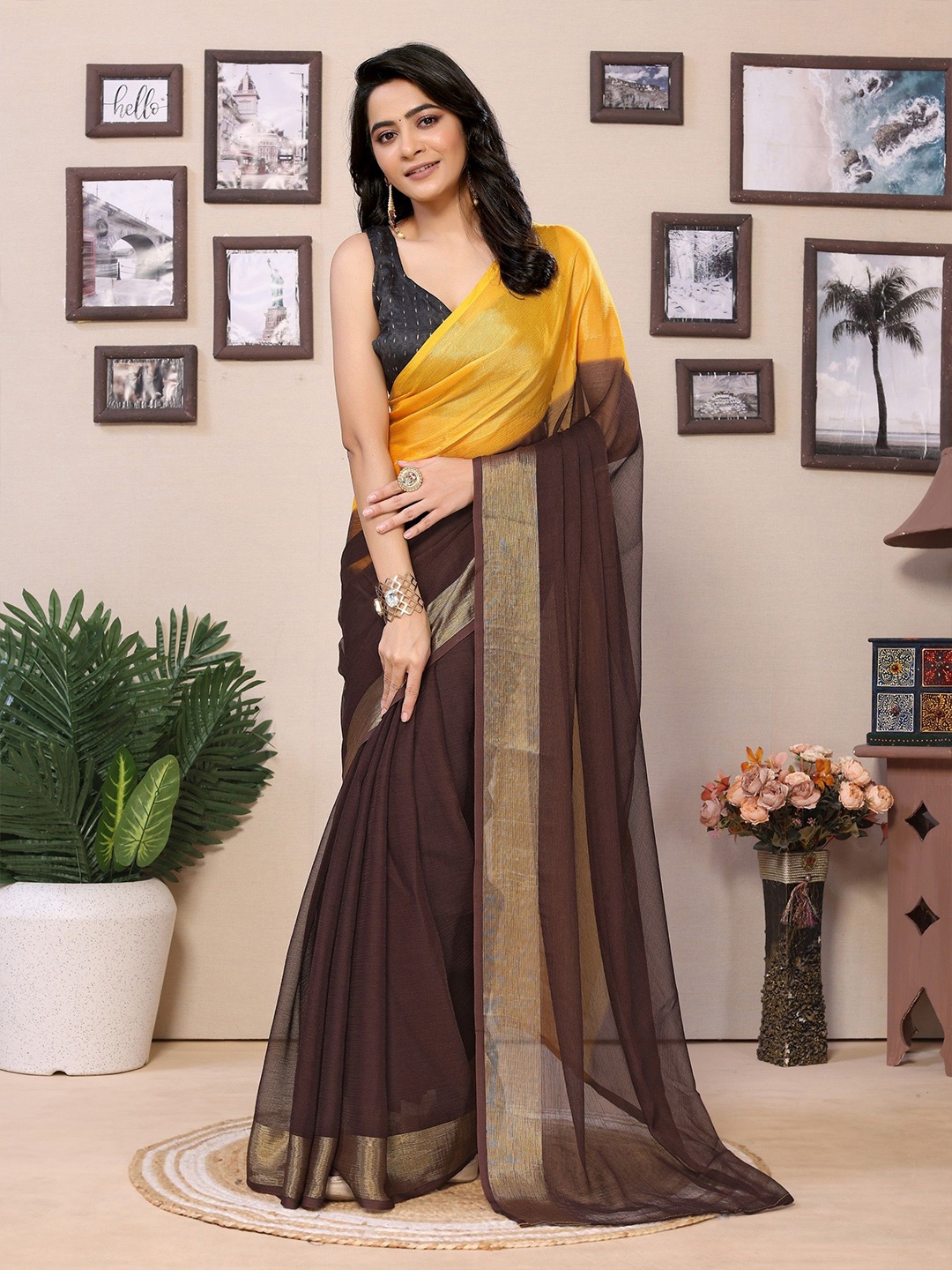 

LeeliPeeri Designer Colourblocked Pure Chiffon Ready to Wear Saree, Yellow