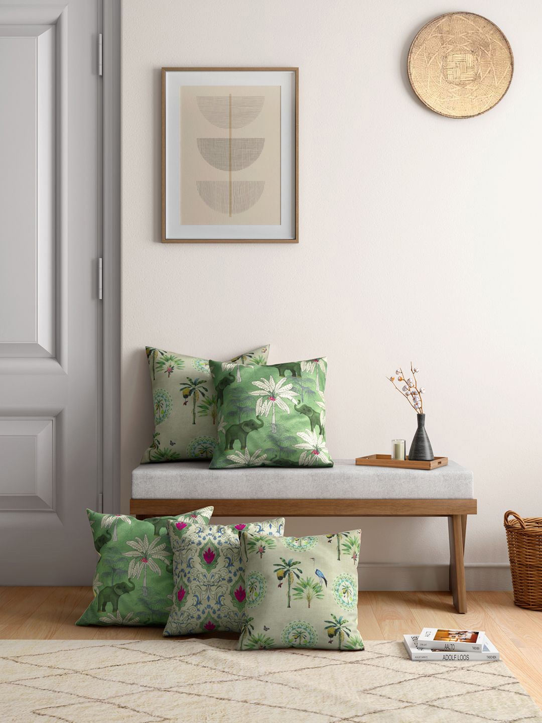

India Circus by Krsnaa Mehta Tuskers of Trivandrum Green 5 Pieces Square Cushion Covers