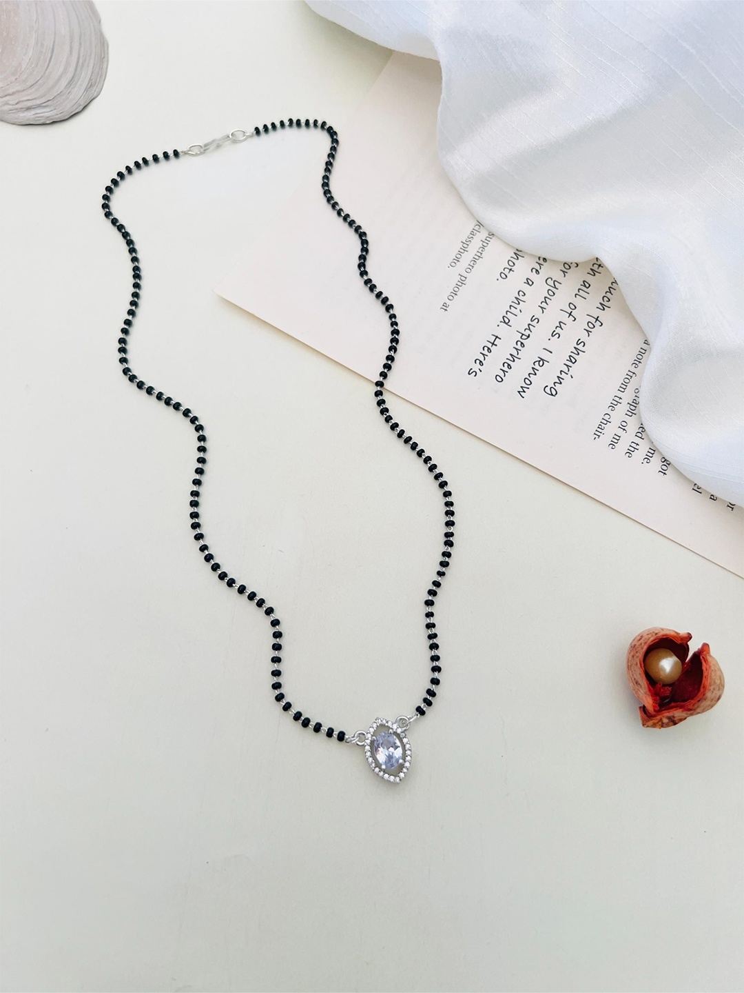 

ABDESIGNS Silver-Plated American Diamond Studded & Beaded Mangalsutra