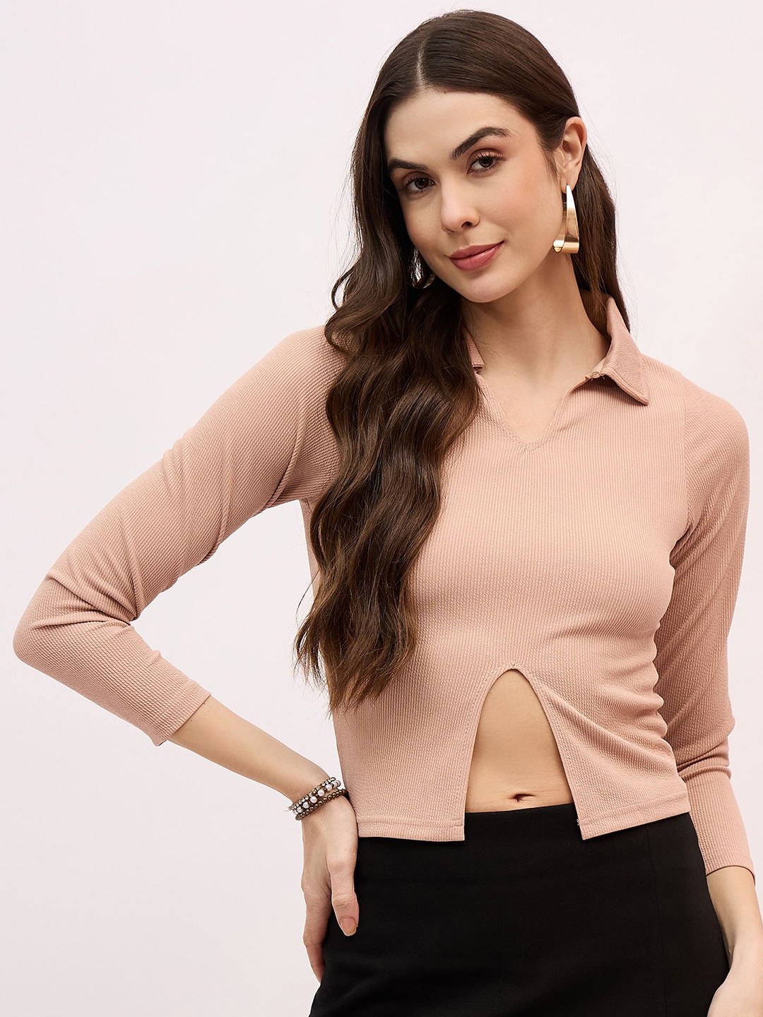 

Mayra Women Shirt Collar Long Sleeves Crop Top, Beige