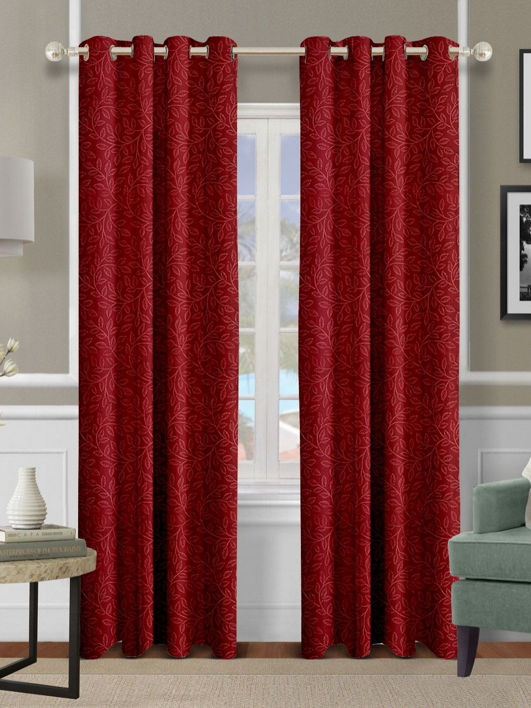 

Cortina Red 2 Pieces Floral Printed Room Darkening Long Door Curtains