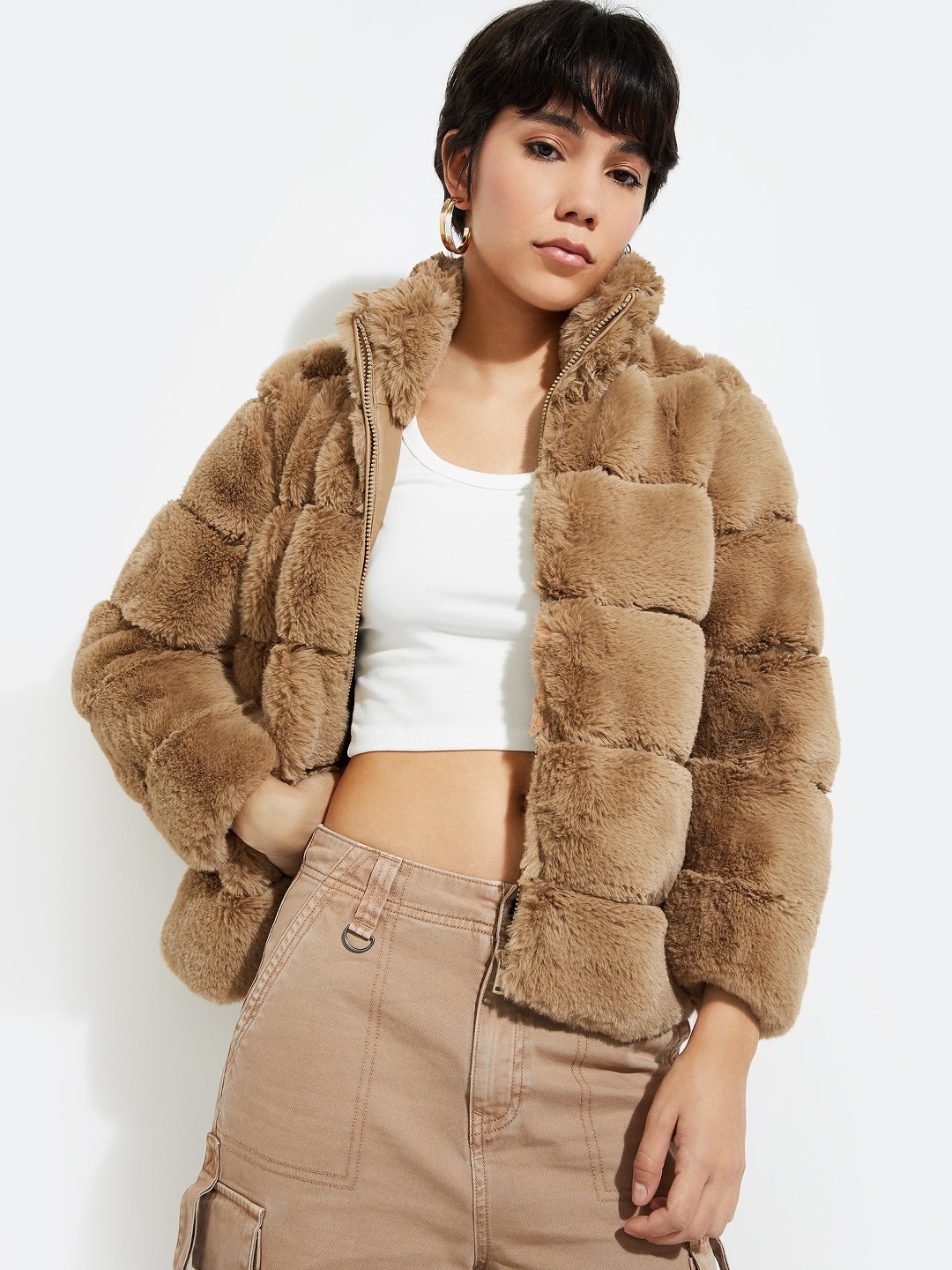 

MAX URB_N Women Faux Fur Stand Collar Jacket, Brown