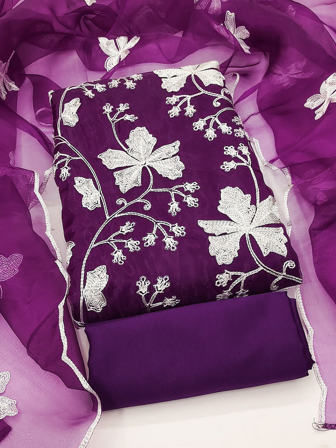 

Aika Floral Embroidered Organza Unstitched Dress Material, Purple
