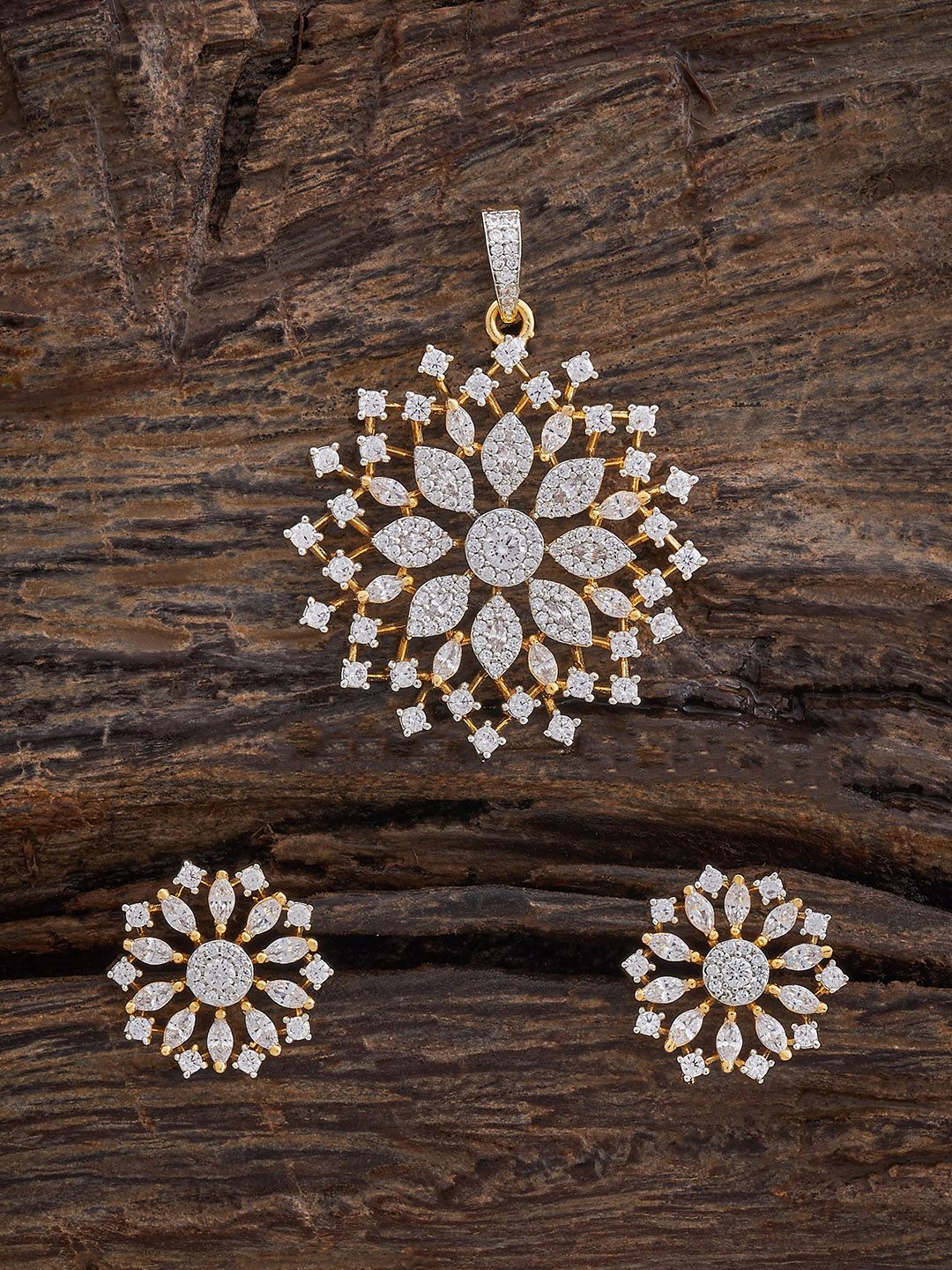 

Kushal's Fashion Jewellery Rodium-Plated CZ Studded Pendant & Earrings, Gold