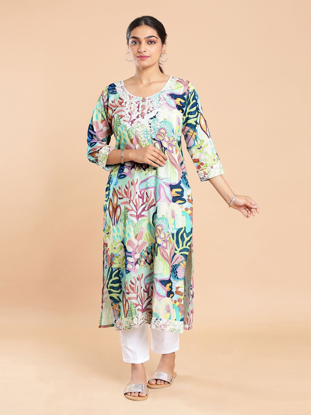

Kalyan Silks Women Printed Pure Cotton Calf Length Kurtas, Green