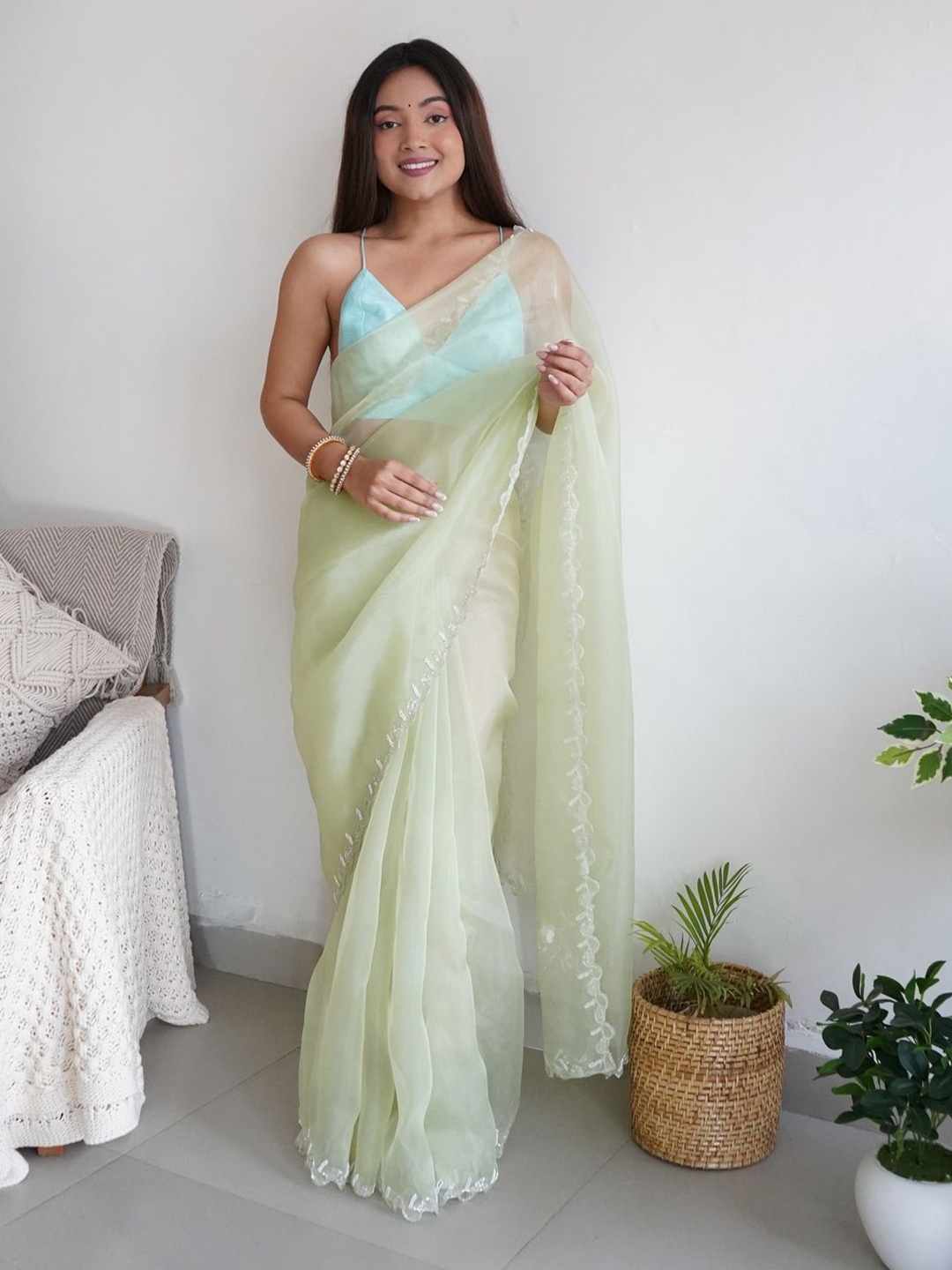 

Anouk Sequinned Organza Saree, Green