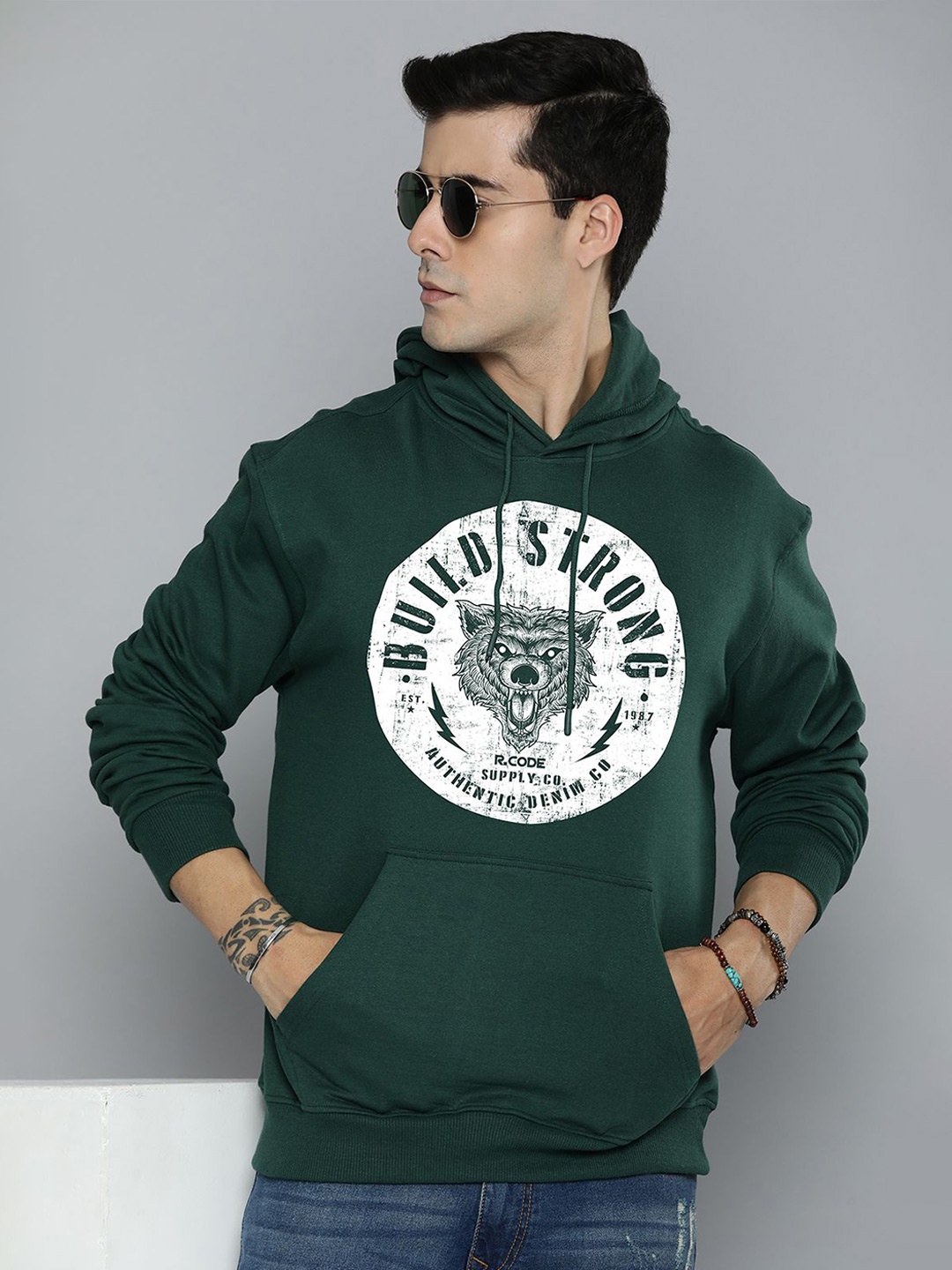 

R.Code by The Roadster Life Co. Men Cotton Printed Hooded Sweatshirt, Green