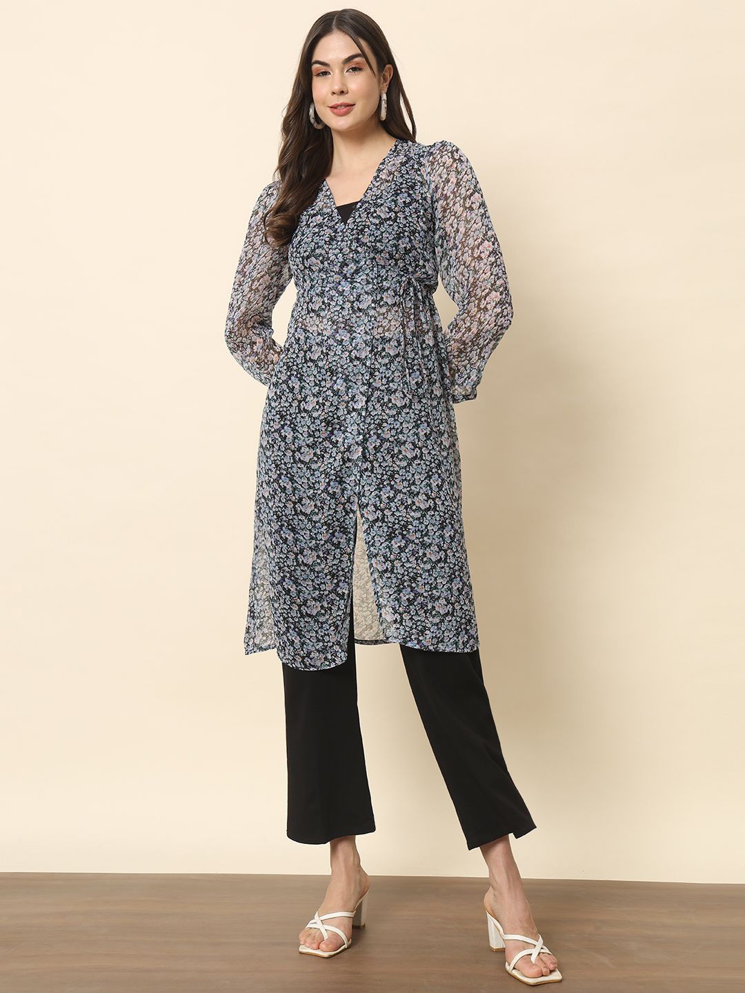 

BAESD Floral Printed Longline Tie-Up Shrug, Black