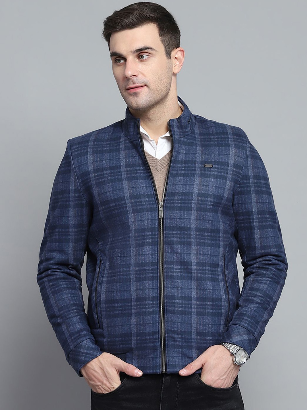 

Monte Carlo Men Mock Collar Geometric Printed Casual Tailored Jacket, Navy blue