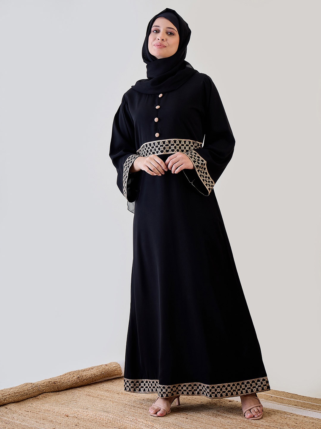 

NABIA Women Floral Embroidered Abaya Burqa, Black